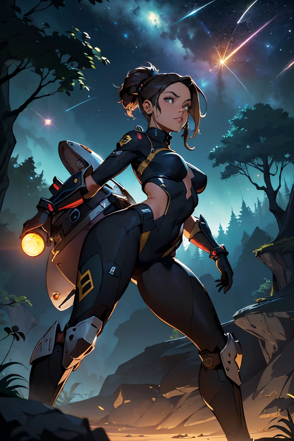 A woman in a black outfit holding a gun in a forest - SeaArt AI
