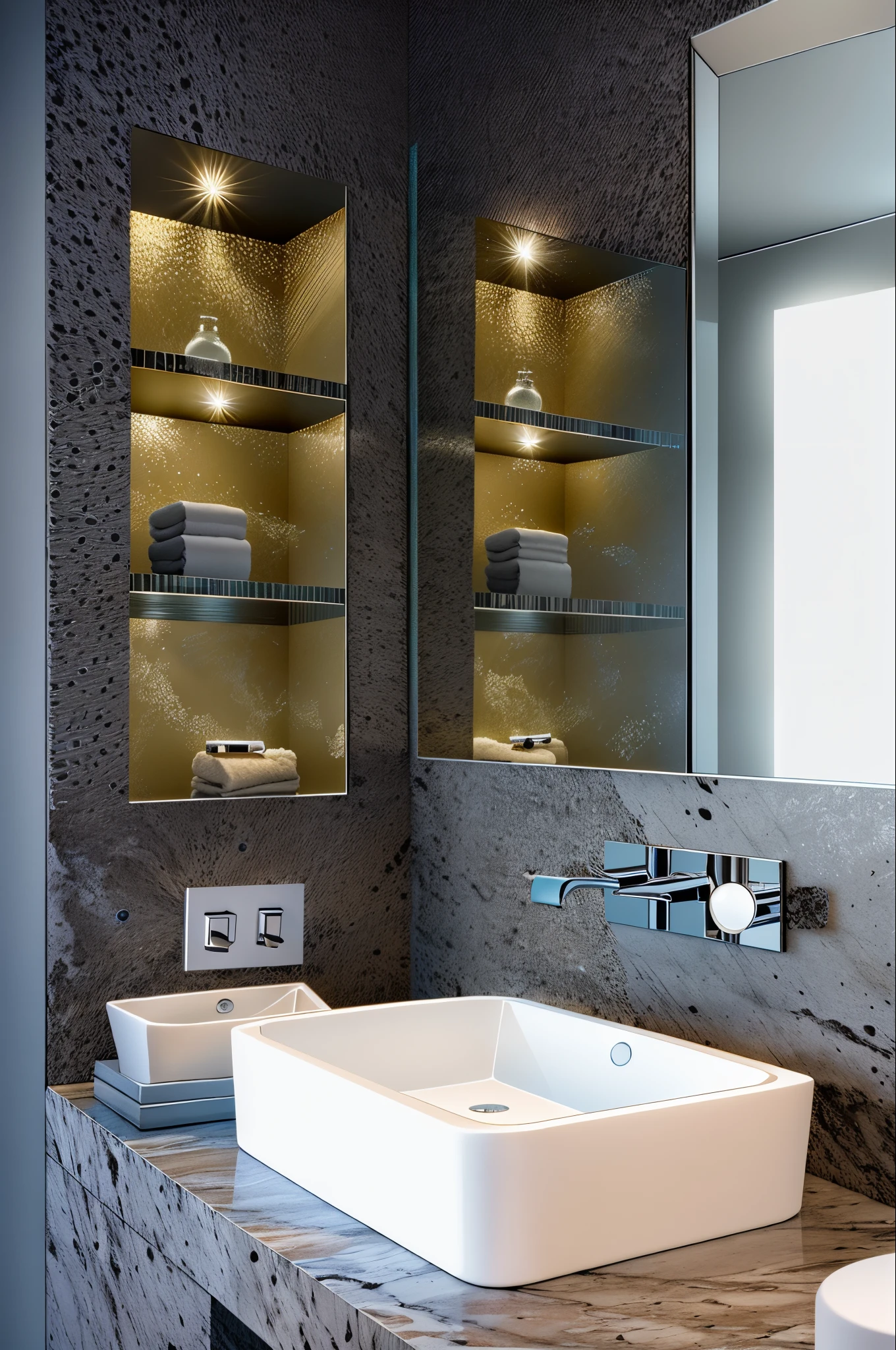 there is a bathroom with a sink and a mirror in it, perfect detail, premium bathroom design, modern bathroom, modern design, dramatic ambient lighting, dramatic lighting !n-9, nice lighting, designer art, oled lights in corners, award winning dark lighting, with dramatic lighting, sunken recessed indented spots, crisp lighting and edges, very dramatic lighting