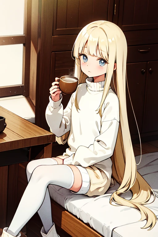 Slim and petite young woman with long yellow hair, wearing a white wool sweater, shorts with dark stockings, and light-colored boots, sitting at the kitchen table, enjoying a cup of coffee with toast.