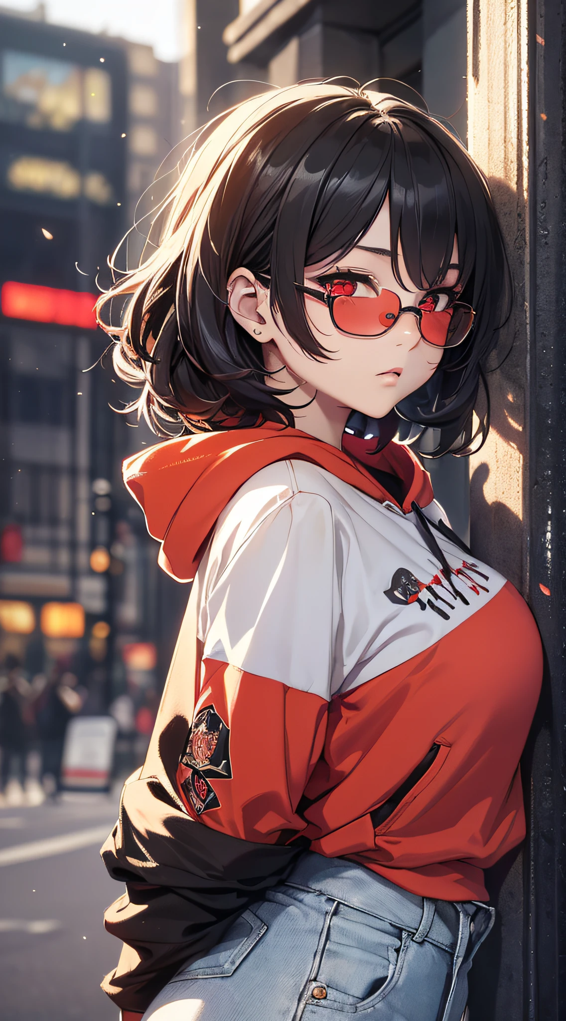 top-quality、Top image quality、masterpiece、girl with((Red and black hoodie、Brown skin、Shining red body line、sixteen years old、teen ager、cute little、Best Bust、big bast,Beautiful shining red eyes、Breasts wide open, Black hair、black colored sunglasses、Longhaire、A slender,Large valleys、belligerent movements,Batons)),hiquality、Beautiful Art、Background with((Midnight City、Pillar of fire、城市: London)))、,masutepiece、depth of fields,Cinematic style