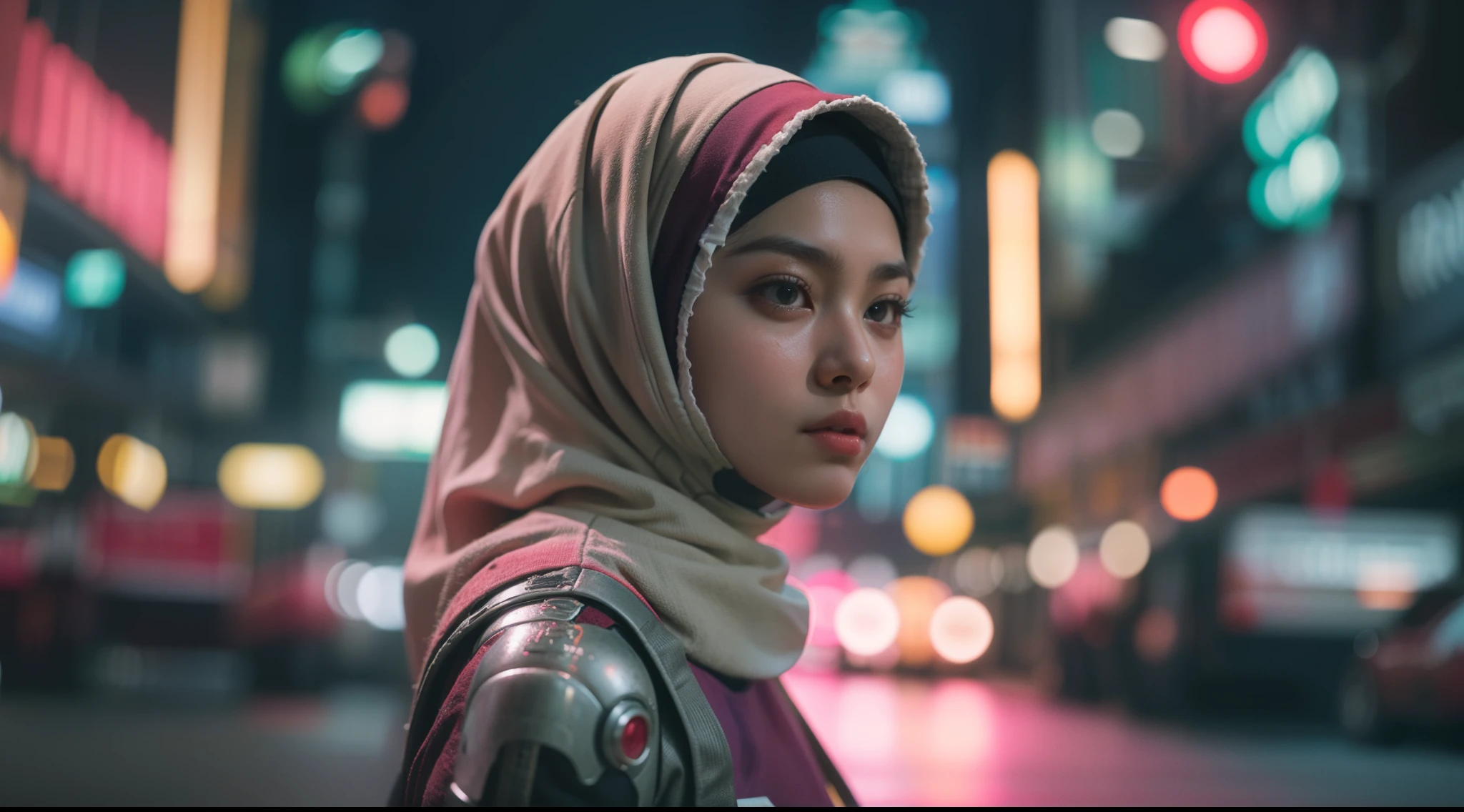 Create a portrait of a Malay girl in hijab as a cyberpunk detective in a gritty, dystopian city, complete with futuristic gadgets and a captivating film noir ambiance
