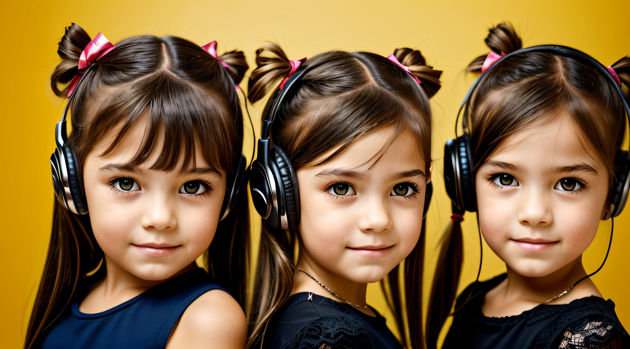 two girls with bows on their heads and one wearing a BLACK dress, HEADPHONES FIRE AND FIRE. gemini twins portrait, beautiful gemini twins, foto de retrato em close-up, childrens, s fofas, childrens, Looks doces, Beautiful girls, Gorgeous features, dois penteados pigtails, Retrato CloseUp, twins, Duas meninaotada, lindo bonito, faixa de cabelo AMARELO,