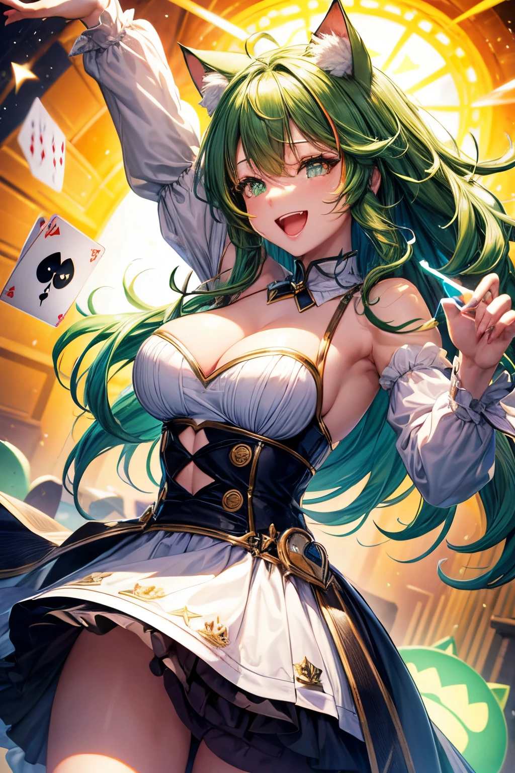 Top quality, high resolution, perfect human structure, background focus, front view, glowing hair, cat ears, green hair, dancing playing cards, heart outfit, multicolored hair, laughing happily, star-shaped pupils , wavy hair