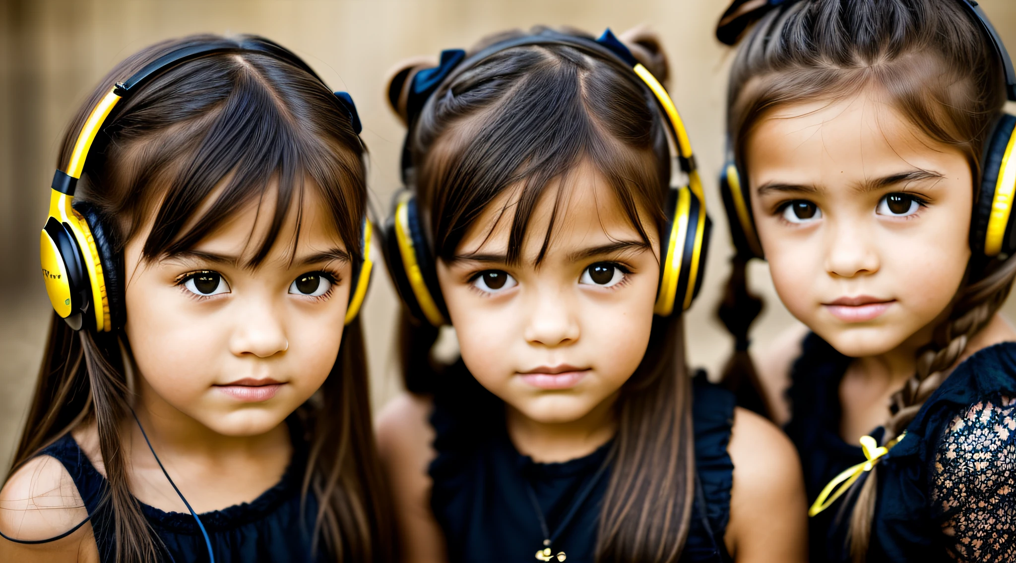 two girls with bows on their heads and one wearing a BLACK dress, HEADPHONES FIRE AND FIRE. gemini twins portrait, beautiful gemini twins, foto de retrato em close-up, childrens, s fofas, childrens, Looks doces, Beautiful girls, Gorgeous features, dois penteados pigtails, Retrato CloseUp, twins, Duas meninaotada, lindo bonito, faixa de cabelo AMARELO,