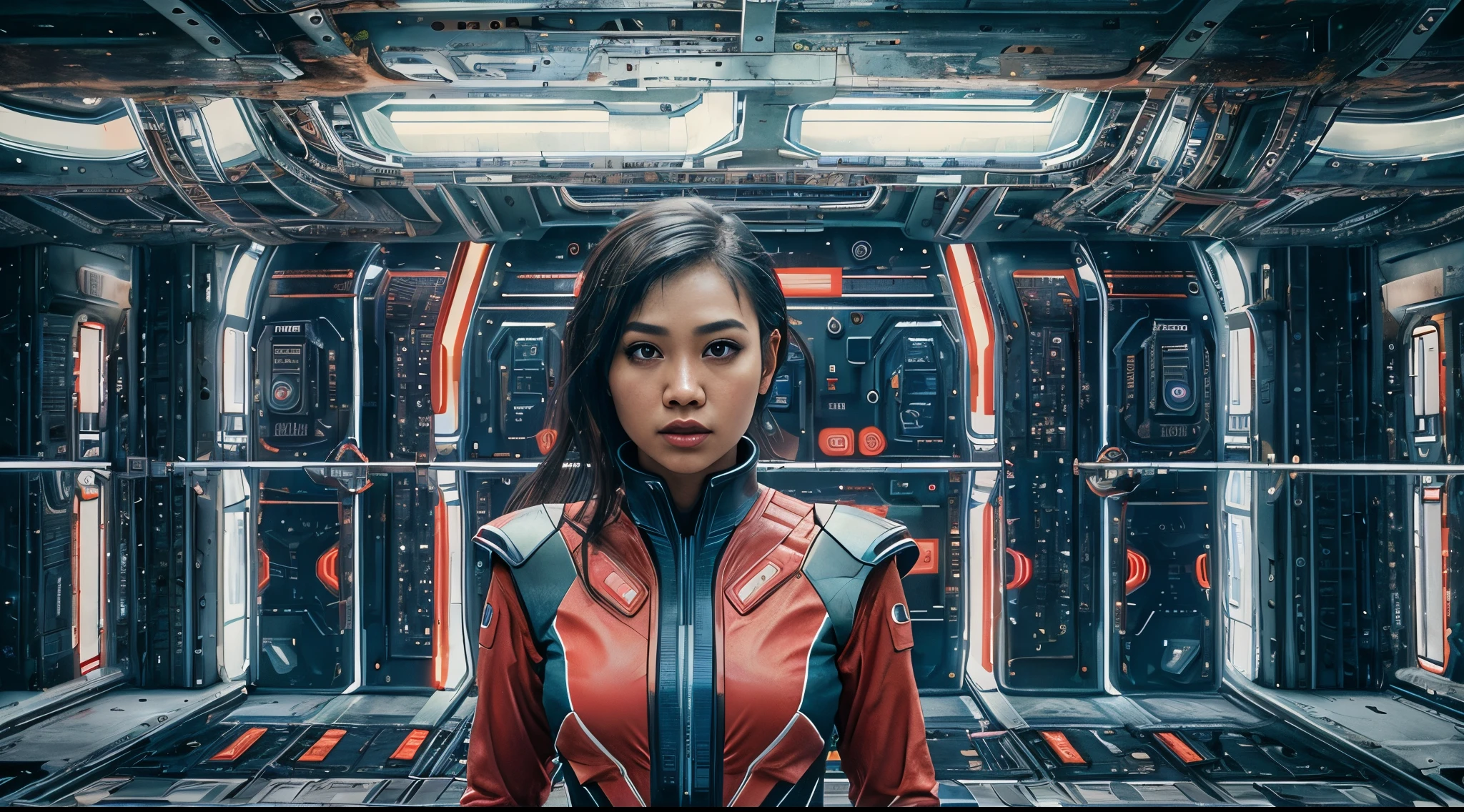 Transform the Malay girl into a sci-fi heroine, complete with futuristic attire and surroundings. Create a visually stunning scene reminiscent of iconic sci-fi movie posters, with advanced technology and a sense of adventure, 35mm, Over-the-shoulder shot, vibrant color grading, light leaks, depth of field cinematography effect, epic fantasy, ultra detail, high quality, 8k resolution.