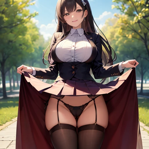 ((masterpiece:1.5)),((Finest quality)),(Ultra-high precision),8k picture, Top quality anime, Highest level of resolution, sharpnes, nsfw,(skirt lift:1.3),(white pantie:1.1), showing off bikini, cameltoe, see-through, princess dress, glamor, straight hair ,long hair, hair ornament, large breasts, cheerful, smile, garter belt, fishnet pantyhose, micro bikini, very short pleated miniskirt, outdoor, park, midday, long coat
