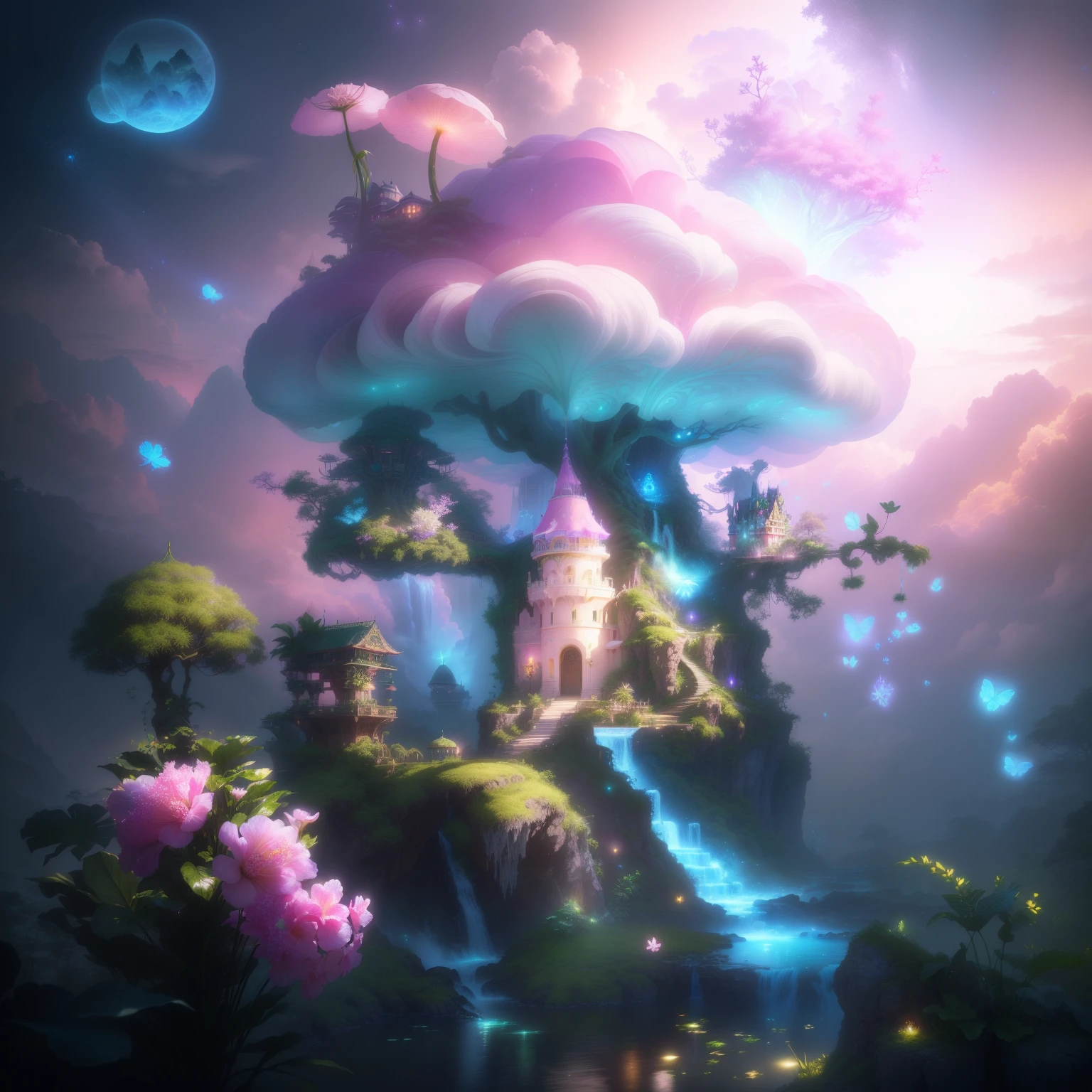 A beautiful picture depicting a tropical plant、There are waterfalls and trees,Enchanted castle, cotton candy cloud、small flower、grassy、Fundo verde claro、dream、Fairytale、A fairytale world of white smoke and wonderland,Light effect,Cottony pink clouds around plants,Mist and tulle floating around the plant, fantasy art style, detailed fantasy digital art, Magical realism style, Very detailed LED,Aesthetic decoration style,12K detail post-processing,art stations,rendering,Unreal Engine HD,Suspended islands,