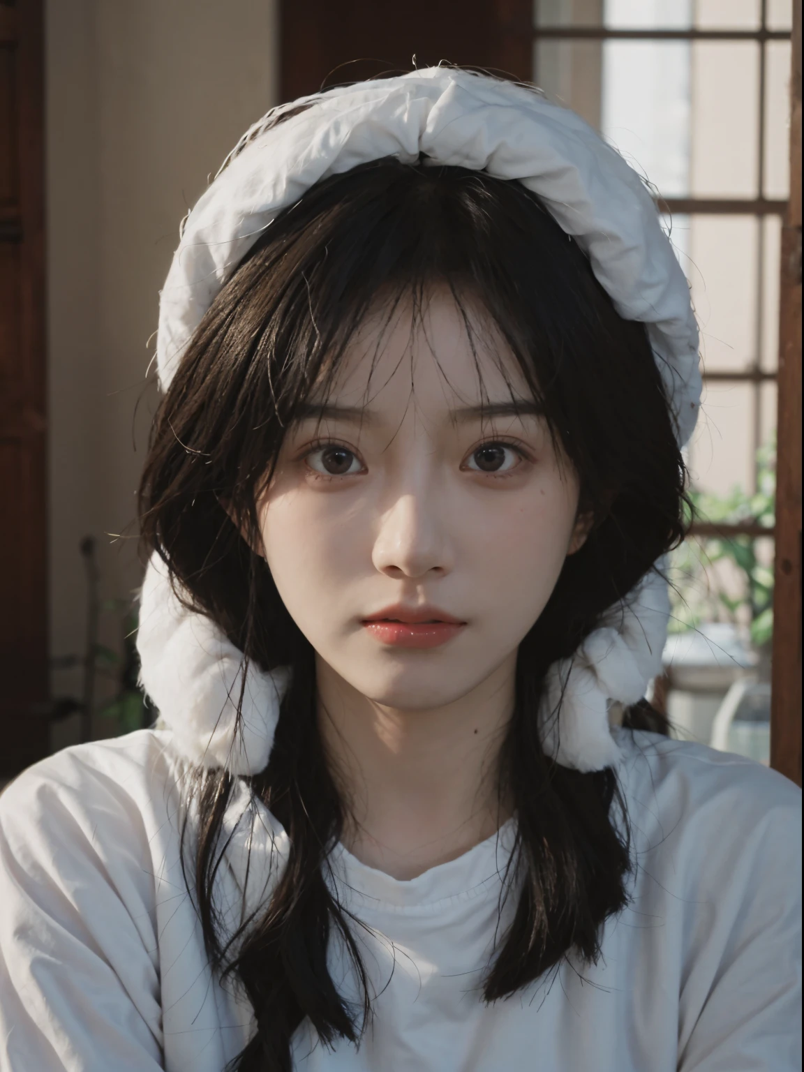 best quality, ultra high resolution, White background,(realistically:1.4), girl, A pair of eyes as clear as snow,Royal sister,Black long straight, looking at the audience, close up ,
