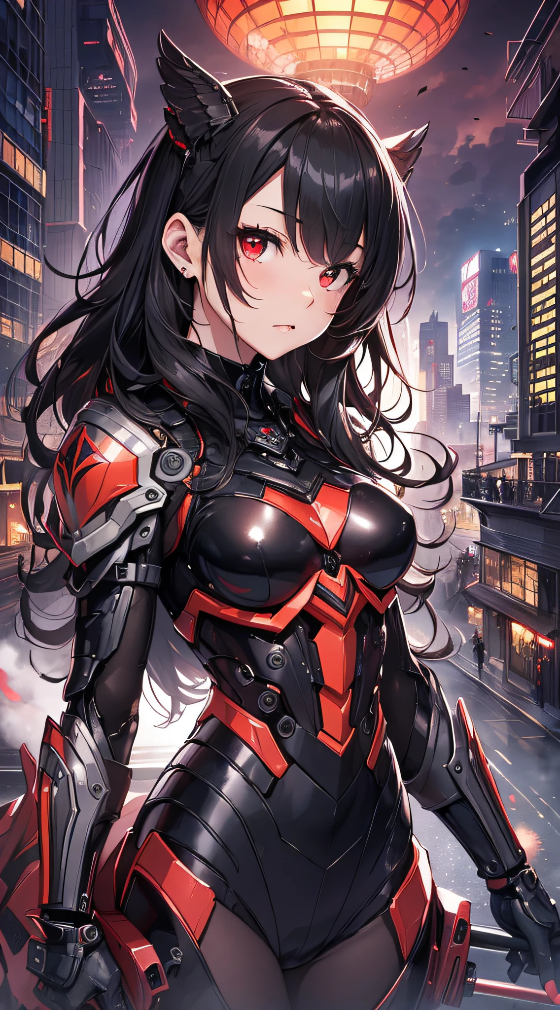 top-quality、Top image quality、​masterpiece、girl with((red and black mechanical body armor、Brown skin、Shining red body line、sixteen years old、teen ager、cute little、Best Bust、big bast,Beautiful shining red eyes、Breasts wide open, Black hair、Red mechanical wing,Longhaire、A slender,Large valleys、belligerent movements,machine gun)),hiquality、Beautiful Art、Background with((Midnight City、Pillar of fire、Cities in London)))、,masutepiece、depth of fields,Cinematic style
