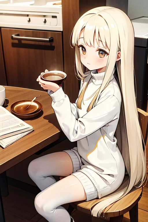 Slim and petite young woman with long yellow hair, wearing a white wool sweater, shorts with dark stockings, and light-colored boots, sitting at the kitchen table, enjoying a cup of coffee with toast.