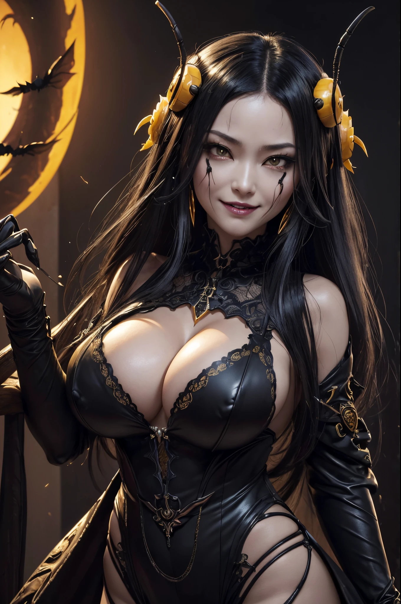NSFW、blacklight、Real Art、Very delicate and beautiful mature bee、ultra-definition、1 milf、black and yellow hair、Hornet personification、atrocious、macabre smile、(((Spooky horror、canny、vhorrified、The Monster、Moveki、Maniacal))Glowing black eyes、planktonic、Detailed light、illstration、dynamic ungle、depth of fields、(((((A MILF))))、Anthropomorphic hornet queen、long black and yellow hair、Show me your fangs、Beautiful fece、(super A high)resolution、Top image quality)、(8K、Raw photo、Top image quality、masterpiece)、technological sense、Top image quality、masterpiece、illstration、CG、A sense of unity、wall-paper、offcial art、astounding、finely detail、extremely delicate and beautiful、ighly detailed、ighly detailed、Sharp focus、Rich background、(Real people、Imagen)、((high-detailed skin))Vicious face、macabre smile、 a closeup、creepy pupils、Shadowed face、bags under eyes、Big smile、tusk、Golden pupil、creepy eyes、mad face、Constricted pupils、Black sclera、Abominable mature woman from another world、8K、Big plump breasts、sharply elongated claws,Wasp needles,A sexy,black and yellow wasp pattern,Wasp feathers,warning color,Attractive body,Slim female body,blood drips from the mouth,Look at viewers,big fangs from the mouth,