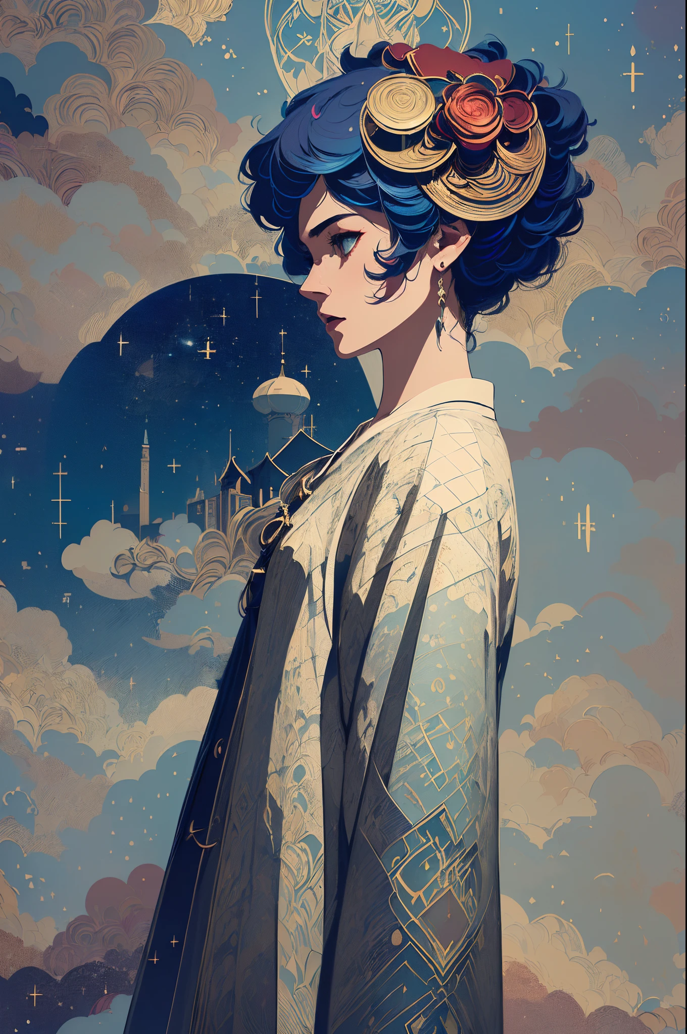 (Official art、Best Quality、Unity 8k Wallpapers、32K、masterpiece、ultra-detailliert、超A high resolution、realisitic、Photorealsitic:1.2)、(Cinematic lighting:1.2)、Fireglow effect、film grains、Best Shadows、Gradient Long Hair、Fantasy city、Magic cane