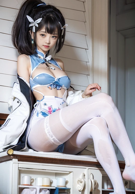 Blue cheongsam,White ass pantyhose,White stockings,Thick white pantyhose,thick white dance socks,without wearing shoes,Colossal tits,hip is cocked,super detailing,hyper HD,A high resolution,1080p,Anatomically correct,Acura,body coordination,Portrait photos,Slender thighs,Delicatemakeup,Best quality at best, tmasterpiece, 超A high resolution, RAW photogr, Beautiful and beautiful,deepshadow, (realistically:1.4), full-body composition, Striking perspective.Bare-chested
