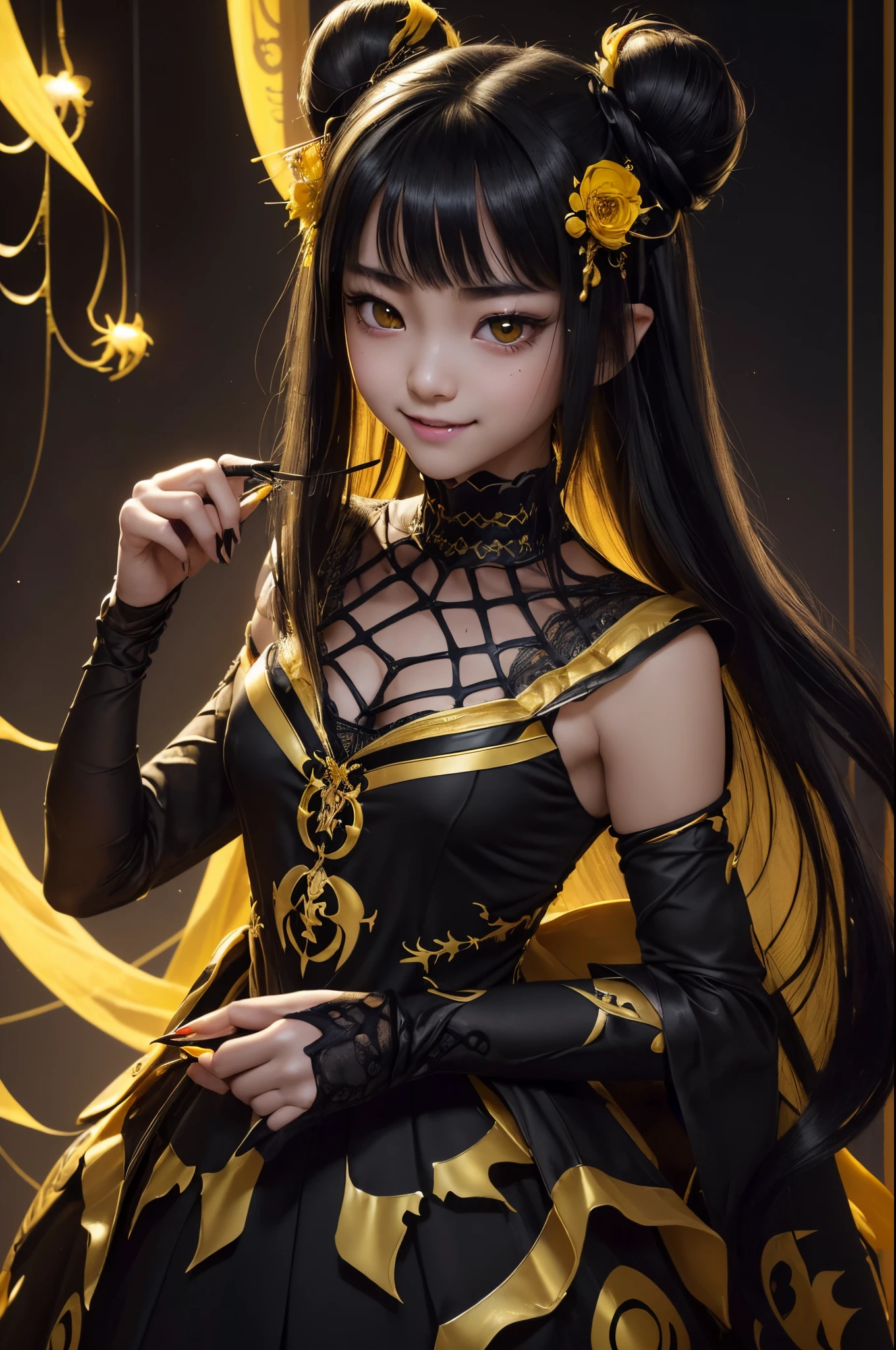 NSFW、blacklight、Real Art、A very delicate and beautiful spider girl、ultra-definition、1little girl、Black long、Personification of spiders、atrocious、Cute smile、(((The Monster、Maniacal))Glowing black eyes、planktonic、Detailed light、illstration、dynamic ungle、depth of fields、(((((teens girl))))、Bright black and yellow courtesan costume、long black and yellow hair、Show me your fangs、Beautiful fece、(super A high)resolution、Top image quality)、(8K、Raw photo、Top image quality、masterpiece)、technological sense、Top image quality、masterpiece、illstration、CG、A sense of unity、wall-paper、offcial art、astounding、finely detail、extremely delicate and beautiful、ighly detailed、ighly detailed、Sharp focus、Rich background、(Real people、Imagen)、((high-detailed skin))Cute smile,a closeup、Golden pupil,Big smile、tusk、Golden pupil、Black sclera、Anthropomorphic spider from another world、8K、tiny chest、sharply elongated claws,kawaii,black and yellow courtesan costume,Big white spider web in the background,warning color,Attractive body,small and slim girl's body,Look at viewers,black and yellow spider hairpin,Precise black and yellow hair ornament,A hyper-realistic,超A high resolution,