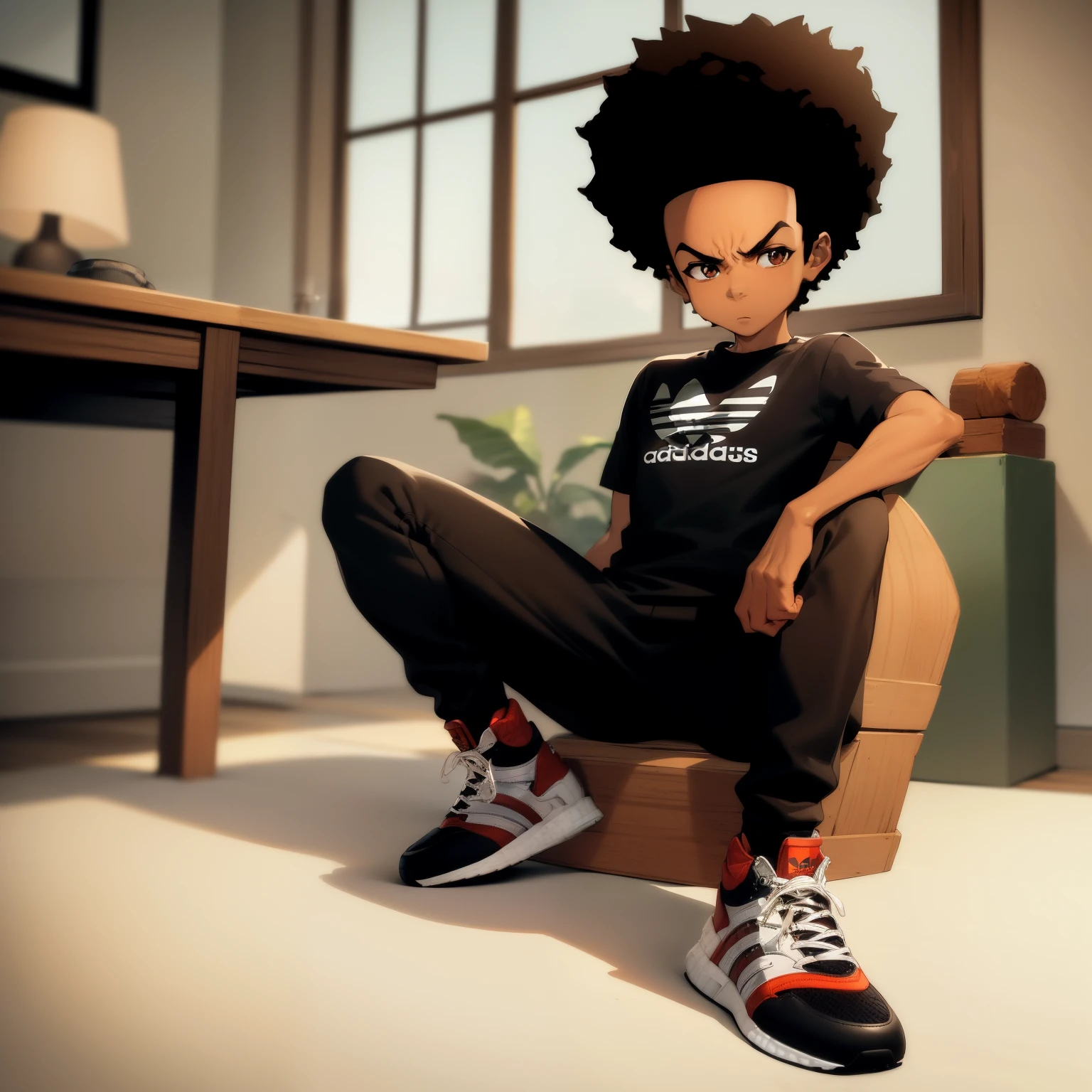 ((masterpiece, best quality)),(complex lighting),solo,1boy,full body, dark skin, black hair, brown eyes, afro, (adidas shirt:1),adidas pants, huey freeman,  boots, throne,