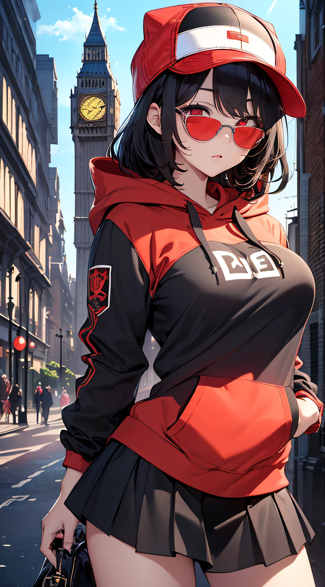 top-quality、Top image quality、masterpiece、girl with((Red and black hoodie、Brown skin、Shining red body line、sixteen years old、teen ager、cute little、Best Bust、big bast,Beautiful shining red eyes、Breasts wide open, Black hair、Black sunglasses、Longhaire、A slender,Large valleys、belligerent movements,Cool hat、Black short skirt)),hiquality、Beautiful Art、Background with((Midnight City、Pillar of fire、城市: London)))、,masutepiece、depth of fields,Cinematic style