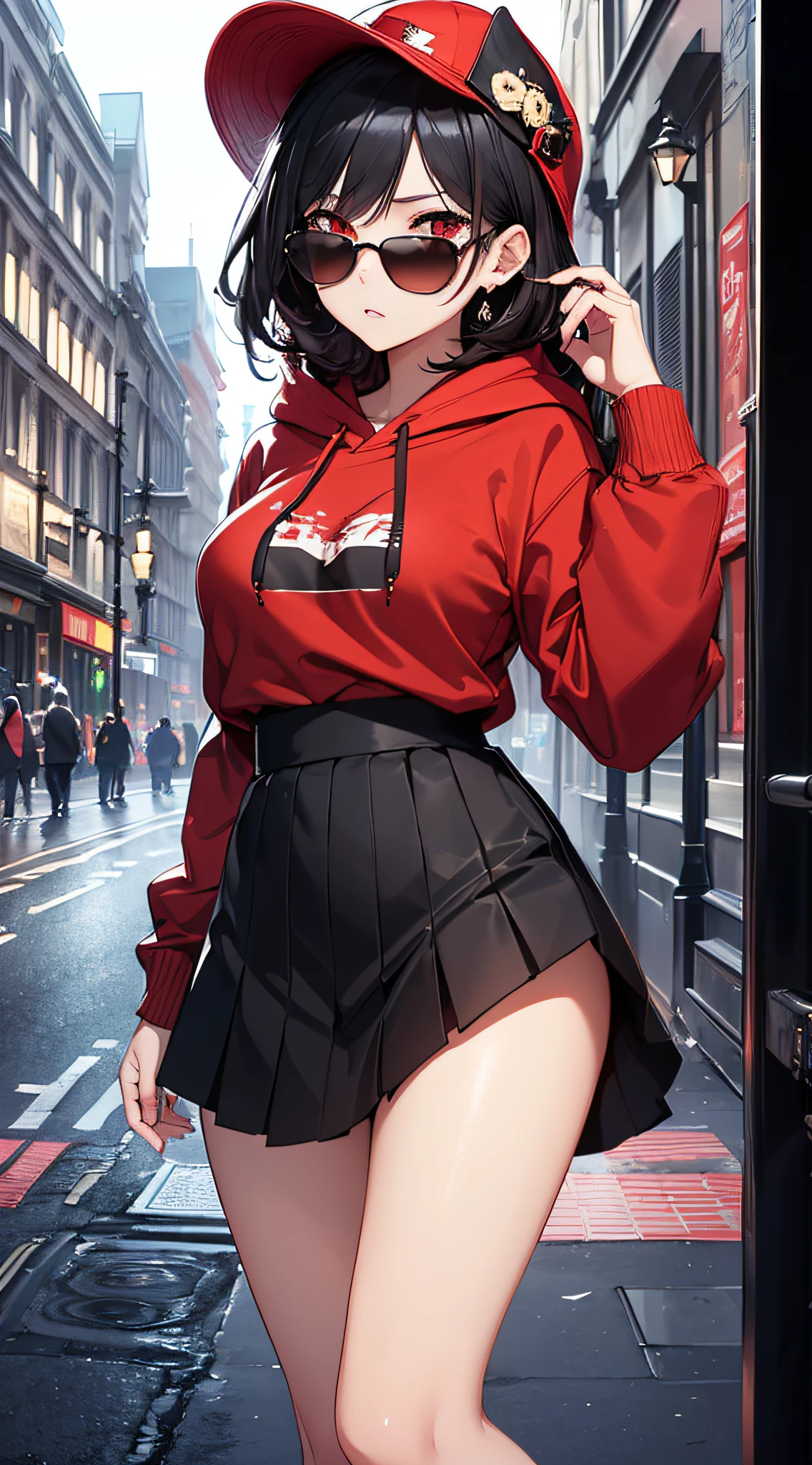 a hot asian girl with big  wearing a black tiny skirt eating a popsicle