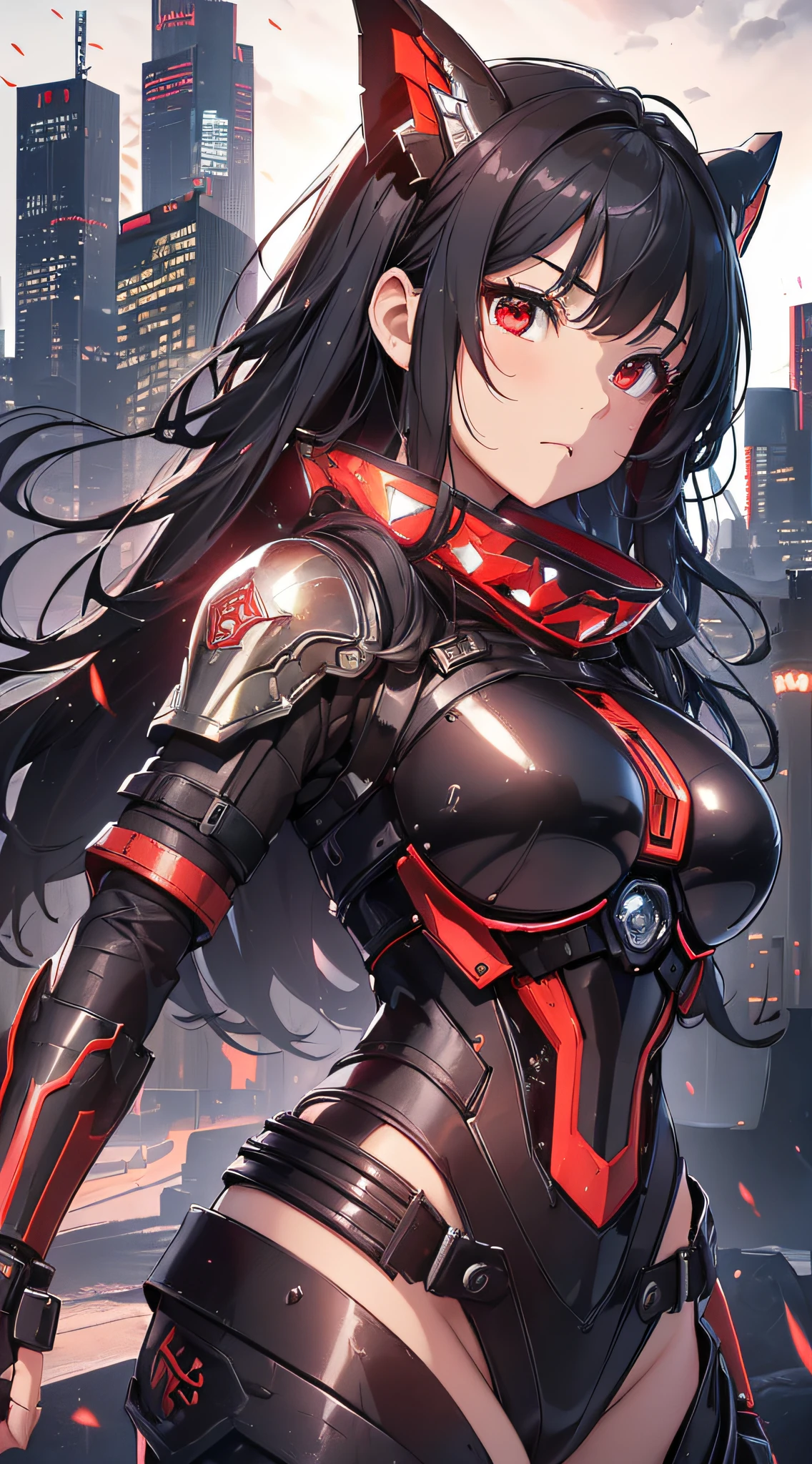 top-quality、Top image quality、​masterpiece、girl with((red and black mechanical body armor、Brown skin、Shining red body line、、teen ager、cute lit Bust、big bast,Beautiful shining red eyes、Breasts wide open, Black hair、Red mechanical wing,Longhaire、A slender,Large valleys、belligerent movements,double-arm machine gun arm)),hiquality、Beautiful Art、Background with((Midnight City、Pillar of fire、城市: London)))、,masutepiece、depth of fields,Cinematic style