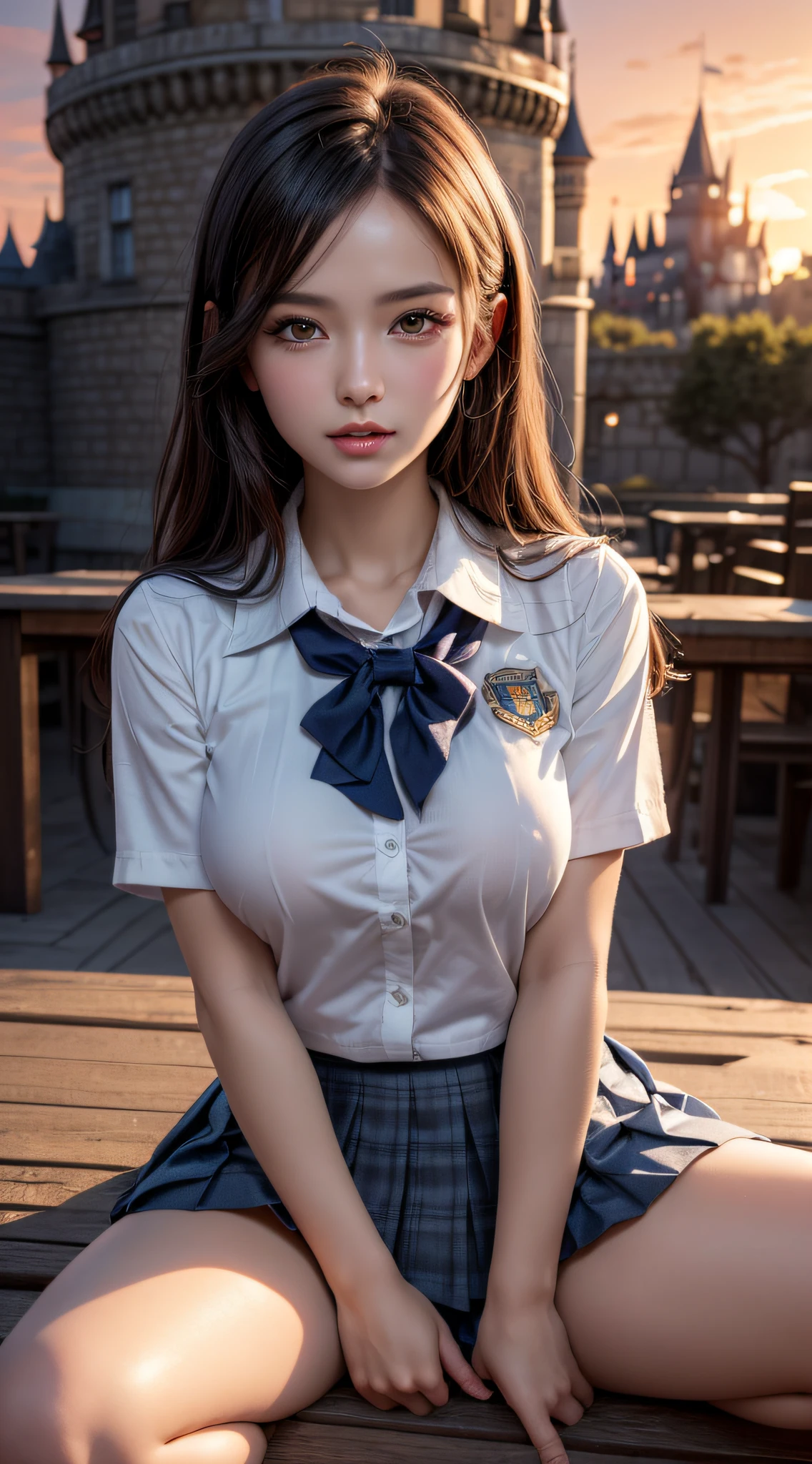 (Best Quality:1.4), (hyper quality), (Ultra-detailed), 1 beautiful girl, Extremely cute, Amazing face and eyes, (school uniform, pleated mini skirt:1.5), (beautiful breasts:1.1), (slender body:1.1), Authentic skin texture, bright and shiny lips, Beautiful Goddess Advent, (sitting, spread legs open), (pubick hair, cameltoe), Beautiful background, Golden ratio, conceptual art, Super Detail, ccurate, high details, Outdoors, (Beautiful Giant Castle:1.5), Sexy Art, Surrounded by beautiful sunsets, dazzling lights, Super delicate illustration details, Highly detailed CG integrated 8k wallpapers, RAW Photos, professional photograpy, Cinematic lighting, Super gorgeous illustrations, depth of field,