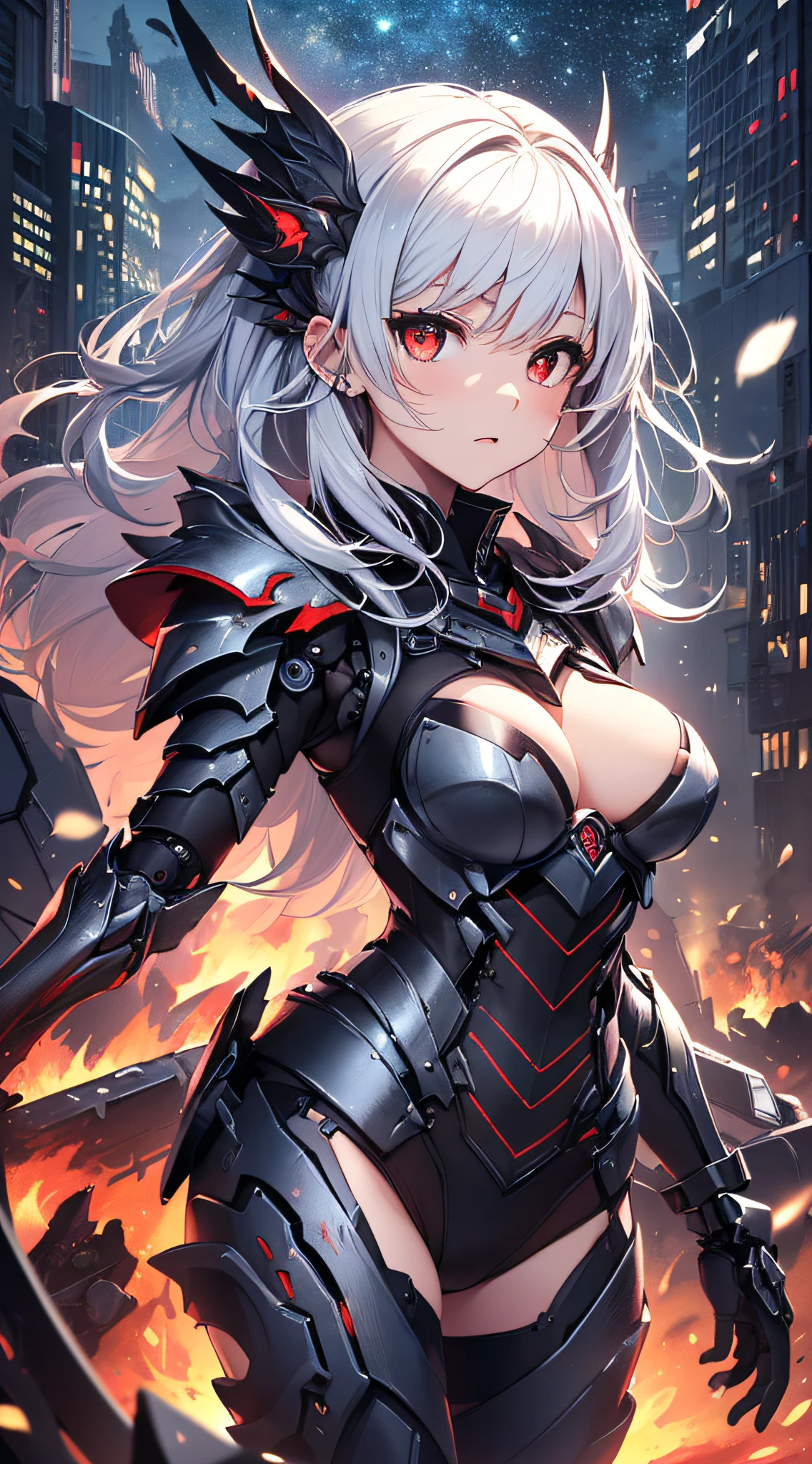 top-quality、Top image quality、masterpiece、girl with((red and black mechanical body armor、silver mechanical arm with machine gun、silver leg arms、Shining red body line、sixteen years old、 ager、cute little、Best Bust、big bast,Beautiful shining red eyes、Breasts wide open, Blue-haired、Red mechanical wing,Longhaire、A slender,Large valleys、belligerent movements,Heavy equipment、heavily armored)),hiquality、Beautiful Art、Background with((Midnight City、Pillar of fire、fluttering white feathers)))、,masutepiece、depth of fields,Cinematic style