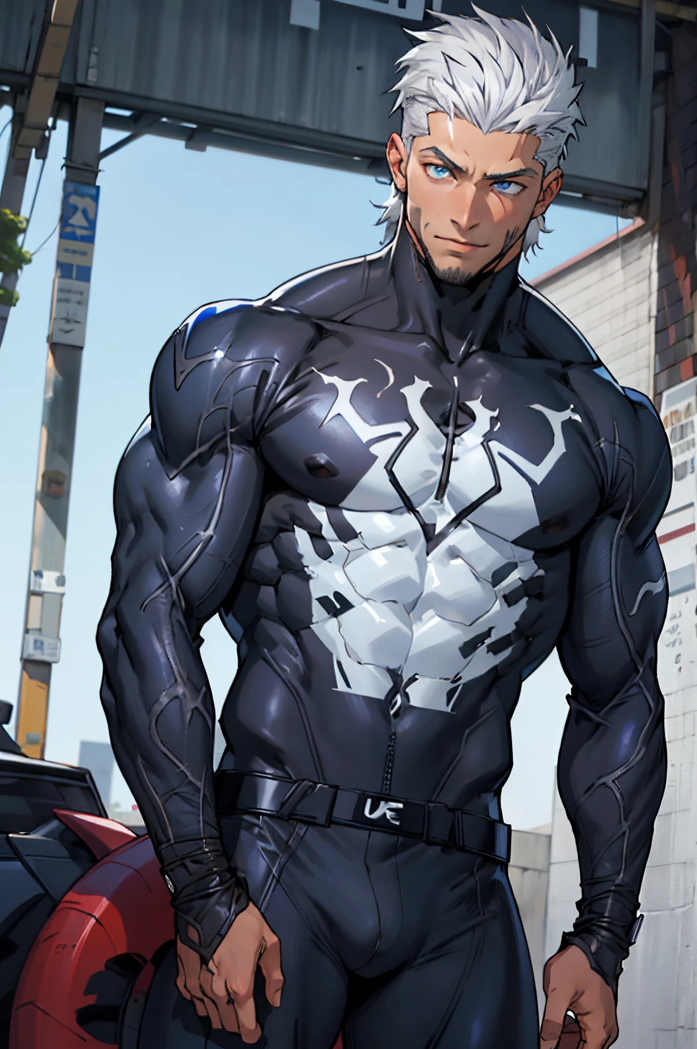 young muscular male, masterpiece, intricate details, upper body, best quality, eye focus, silver hair, manly, stubble, venom, symbiote,(emiya_shiro:1.2),dark skin, 1boy, (symbiote full bodysuit:1.1), eye focus, face, detailed eyes, symbiote skin tight, blue eyes, full body,