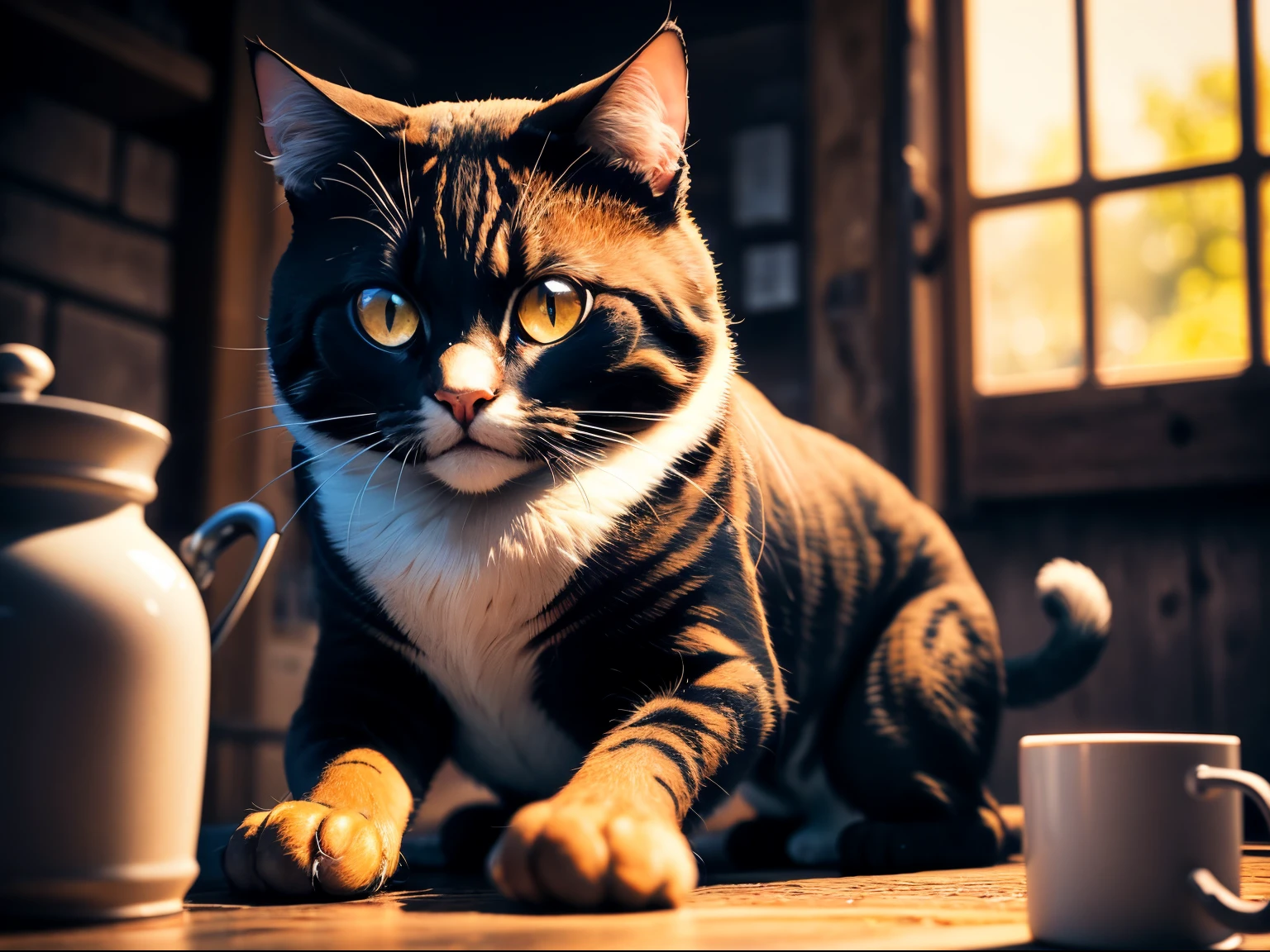 ((master part,best quality)), high resolutions, gato preto, em cima da mesa, canecas, estilo anime