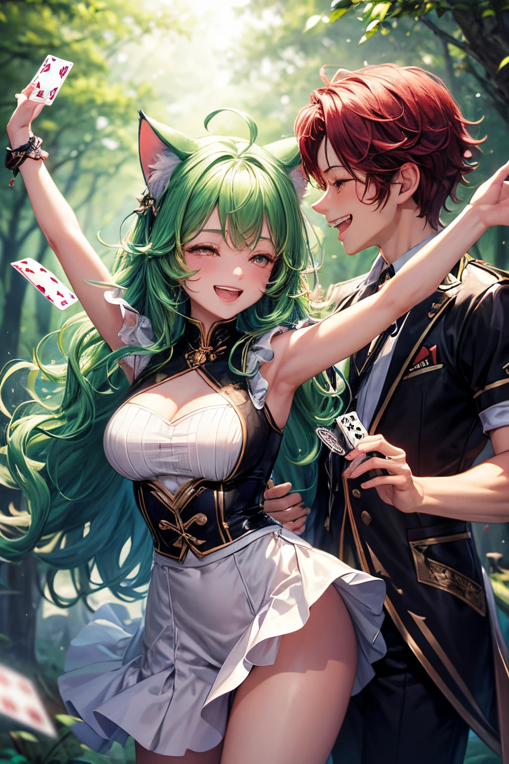 Top quality, high resolution, perfect human structure, background focus, front view, glowing hair, cat ears, green hair, dancing playing cards, in forest, playing cards clothes clothes, multicolored hair, laughing happily, star-shaped pupils , wavy hair
