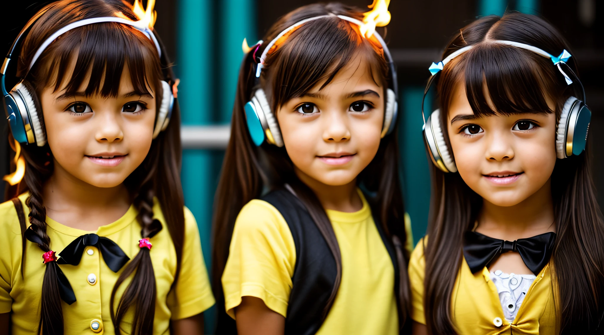 two girls with bows on their heads and one wearing a BLACK dress, HEADPHONES FIRE AND FIRE. gemini twins portrait, beautiful gemini twins, foto de retrato em close-up, childrens, s fofas, childrens, Looks doces, Beautiful girls, Gorgeous features, dois penteados pigtails, Retrato CloseUp, twins, Duas meninaotada, lindo bonito, faixa de cabelo AMARELO,
