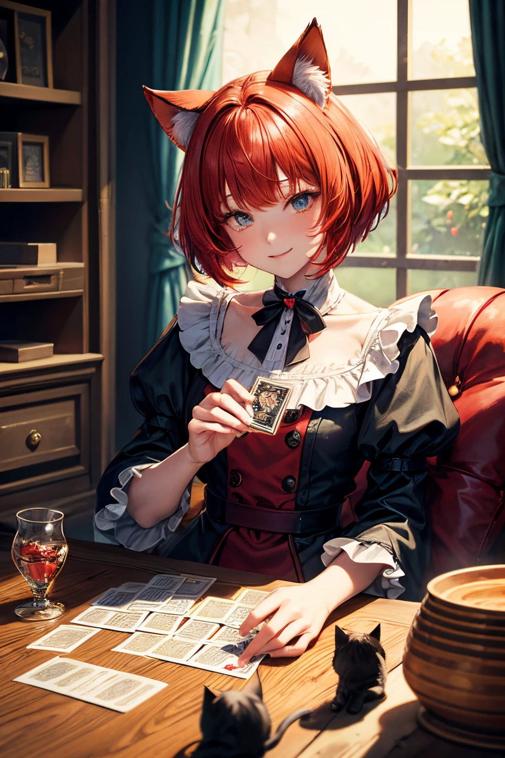Top quality, high resolution, perfect human anatomy, background focus, front view, glowing hair, red hair, bowl cut hair, cat ears, playing card game, background is playing cards, Alice in Wonderland, laughing happily, sitting upright, living room, heart-shaped eyes