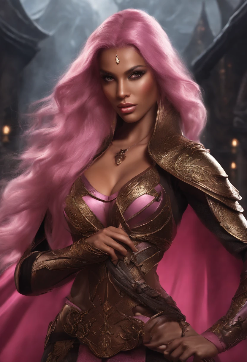 Bronzed skin，Pink Long Hair，heroic look，dark elves，Female swordsman，very long cloak，Tall，Bumpy，scantily clad，Two-dimensional style，big boobs and big ass，Expose the lower half of the breast，The facial features are so handsome，Demon Knights，Ingrid，Bronzed skin，black-skinned