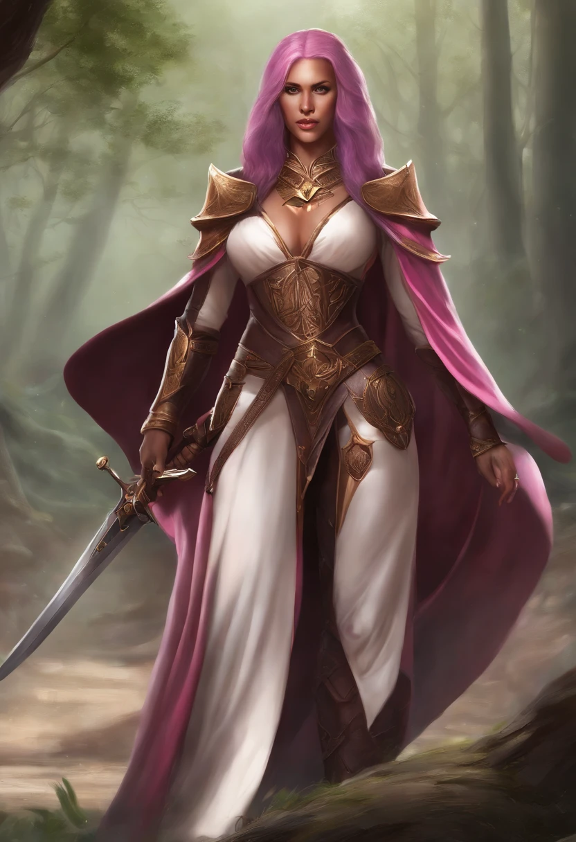 Bronzed skin,Pink Long Hair,heroic look,dark elves,Female swordsman,very long cloak,Tall,Bumpy,scantily clad,Two-dimensional style,big boobs and big ass,Expose the lower half of the breast,The facial features are so handsome,Demon Knights,Ingrid,Bronzed skin,black-skinned