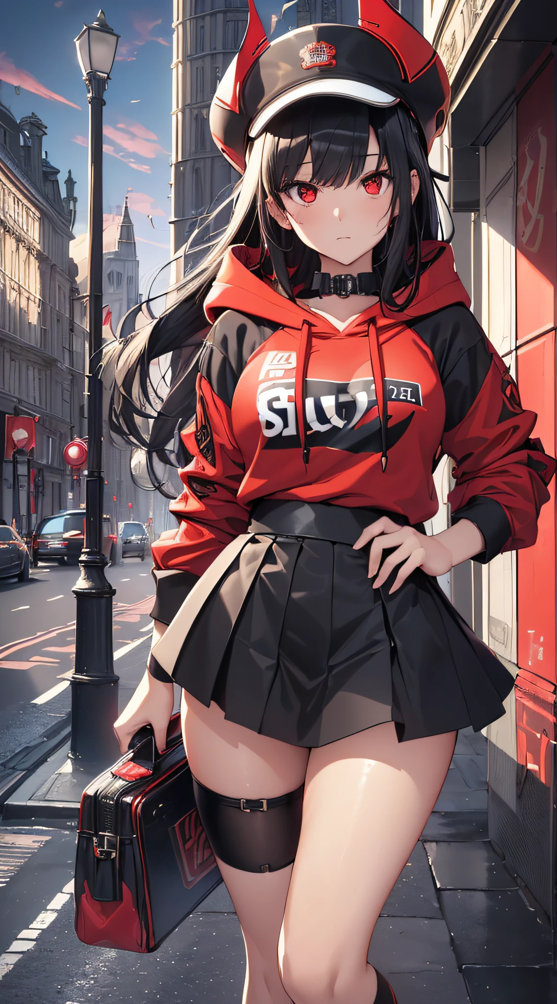 top-quality、Top image quality、masterpiece、girl with((Red and black hoodie、Suntan-Skin、Shining red body line、、teen ager、cute lit Bust、big bast,Beautiful shining red eyes、Breasts wide open, Black hair、Black sunglasses、Longhaire、A slender,Large valleys、belligerent movements,Cool hat、Black short skirt)),hiquality、Beautiful Art、Background with((Midnight City、Pillar of fire、城市: London)))、,masutepiece、depth of fields,Cinematic style