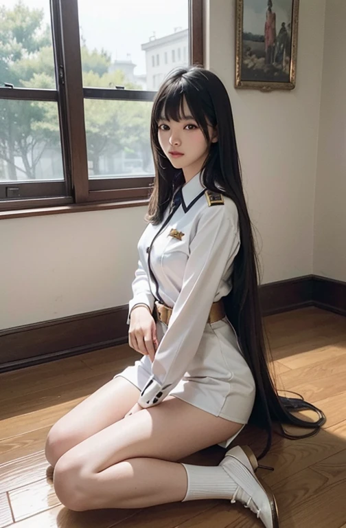 (Top resolution, Distinct_image) Best Quality, Woman, masutepiece, high detailing, Realism, Black hair, Bangs, Straight long hair, Mature, White clothes, White uniform, The beauty of the military school, Heroic posture, Interior background, Exquisite facial features, 超A high resolution, cinematic texture, Complete the 5 fingers, 光影效果, Full body