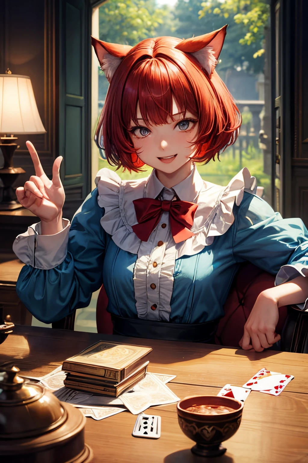Top quality, high resolution, perfect human anatomy, background focus, front view, glowing hair, red hair, bowl cut hair, cat ears, playing card game, background is playing cards, Alice in Wonderland, laughing happily, sitting upright, living room, heart-shaped eyes