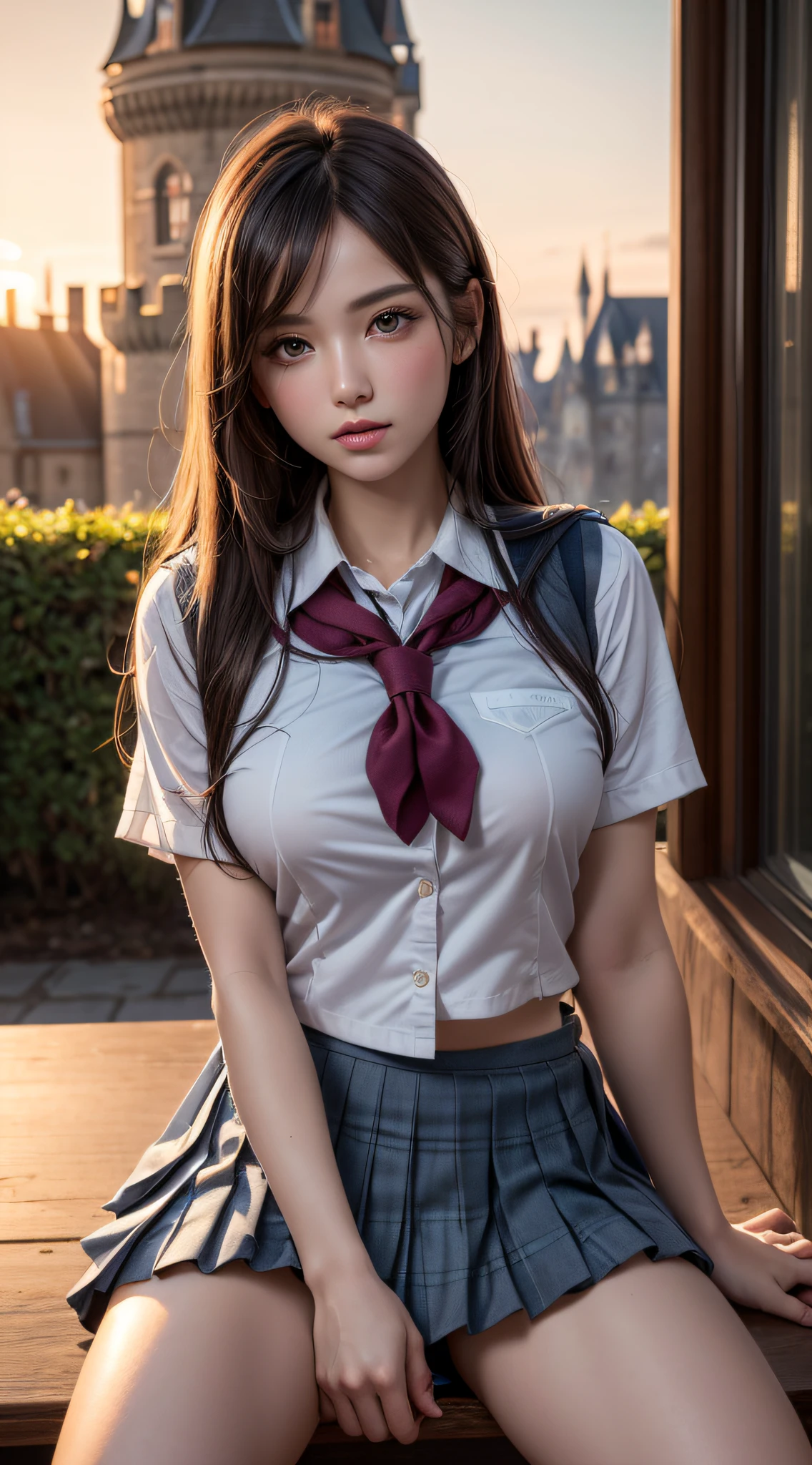 (Best Quality:1.4), (hyper quality), (Ultra-detailed), 1 beautiful girl, Extremely cute, Amazing face and eyes, (school uniform, pleated mini skirt:1.5), (beautiful breasts:1.1), (slender body:1.1), Authentic skin texture, bright and shiny lips, Beautiful Goddess Advent, (sitting, spread legs open), (pubick hair, cameltoe), Beautiful background, Golden ratio, conceptual art, Super Detail, ccurate, high details, Outdoors, (Beautiful Giant Castle:1.5), Sexy Art, Surrounded by beautiful sunsets, dazzling lights, Super delicate illustration details, Highly detailed CG integrated 8k wallpapers, RAW Photos, professional photograpy, Cinematic lighting, Super gorgeous illustrations, depth of field,