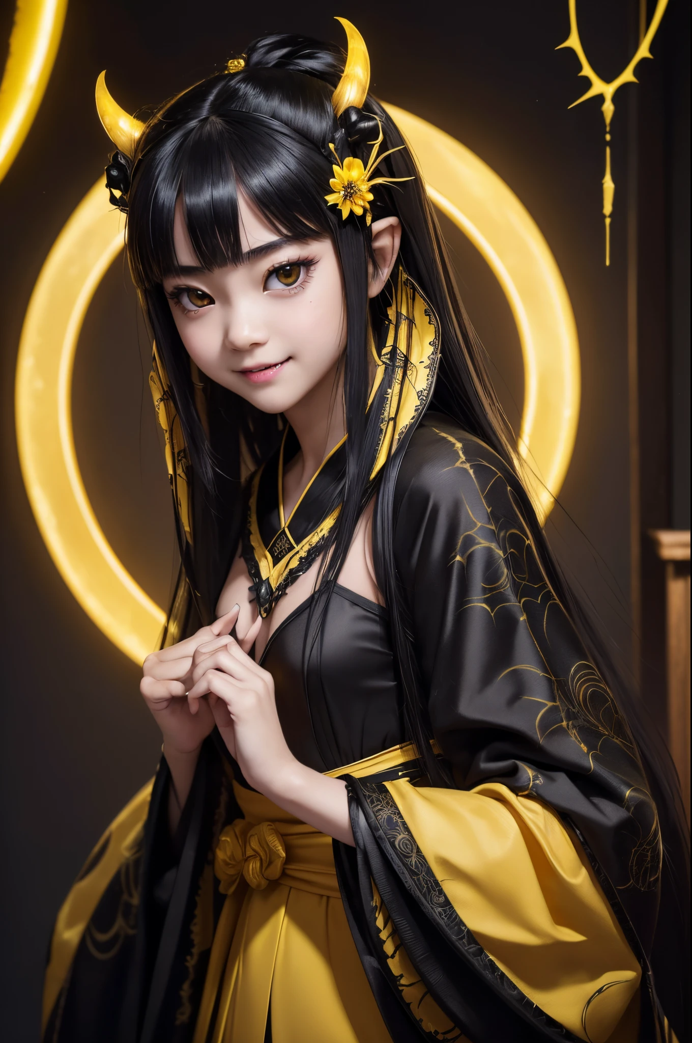 NSFW、blacklight、Real Art、A very delicate and beautiful spider girl、ultra-definition、1little girl、Black long、Personification of spiders、atrocious、Cute smile、(((The Monster、Maniacal))Glowing black eyes、planktonic、Detailed light、illstration、dynamic ungle、depth of fields、(((((teens girl))))、Bright black and yellow courtesan costume、long black and yellow hair、Show me your fangs、Beautiful fece、(super A high)resolution、Top image quality)、(8K、Raw photo、Top image quality、​masterpiece)、technological sense、Top image quality、​masterpiece、illstration、CG、A sense of unity、wall-paper、offcial art、astounding、finely detail、extremely delicate and beautiful、ighly detailed、ighly detailed、Sharp focus、Rich background、(Real people、Imagen)、((high-detailed skin))Cute smile,a closeup、Golden pupil,Big smile、tusk、Golden pupil、Black sclera、Anthropomorphic spider from another world、8K、tiny chest、sharply elongated claws,kawaii,black and yellow courtesan costume,big spider web in the background,warning color,Attractive body,small and slim girl&#39;s body,Look at viewers,black and yellow spider hairpin,Precise black and yellow hair ornament,A hyper-realistic,超A high resolution,kimono,