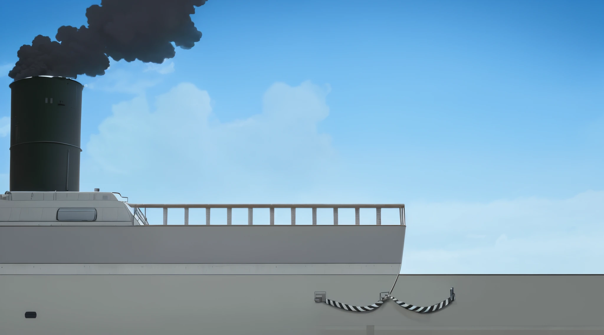 a background of a gray ship from the side with a smokestack emitting black smoke, has a railing on the upper deck, clouds blue eye level, anime style, anime, anime background, 4k background, 4k detailed, 4k anime, 4k,