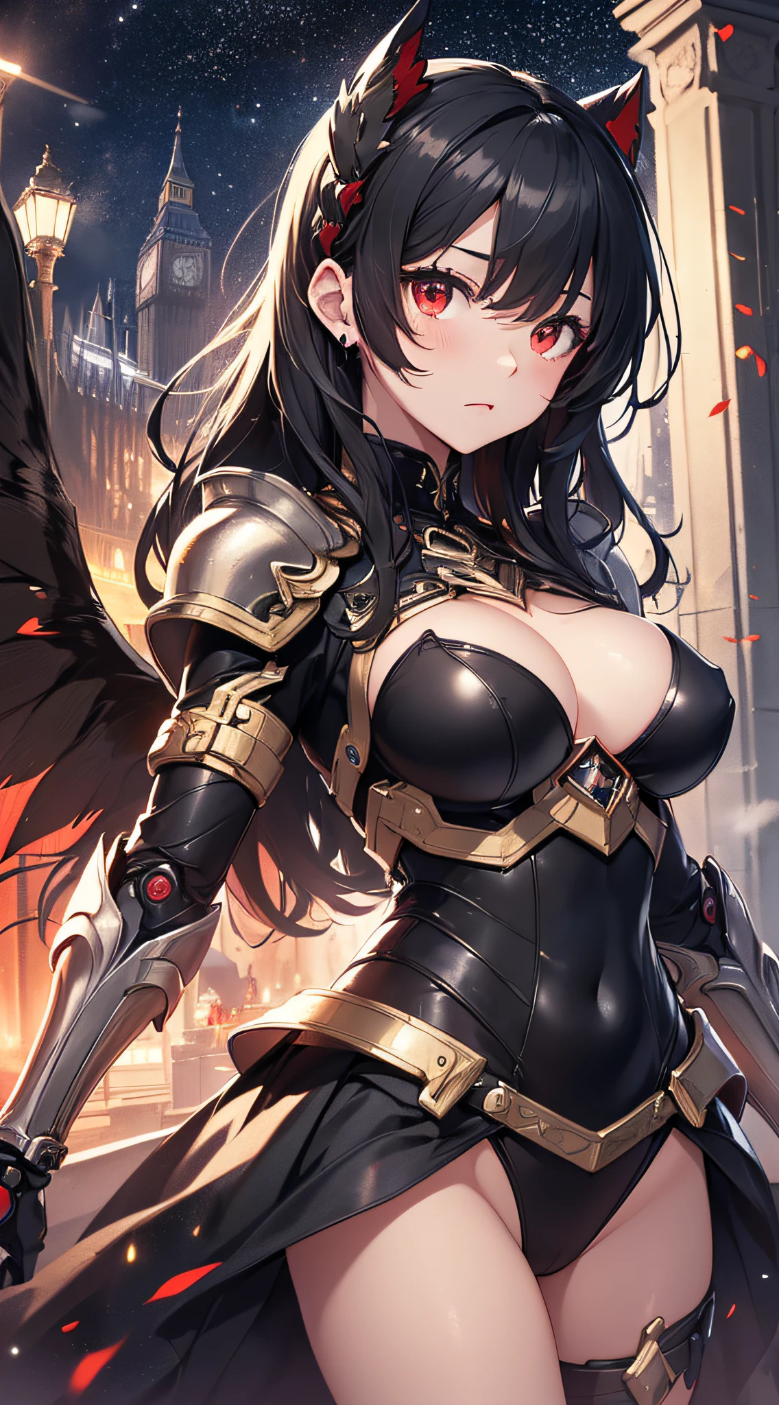 top-quality、Top image quality、masterpiece、girl with((Black dress、red and black mechanical body armor、Brown skin、Shining red body line、、teen ager、cute lit Bust、big bast,Beautiful shining red eyes、Breasts wide open, Black hair、Black wings,Longhaire、A slender,Large valleys、belligerent movements,double arm machine gun arm)),hiquality、Beautiful Art、Background with((Midnight City、Pillar of fire、城市: London)))、,masutepiece、depth of fields,Cinematic style