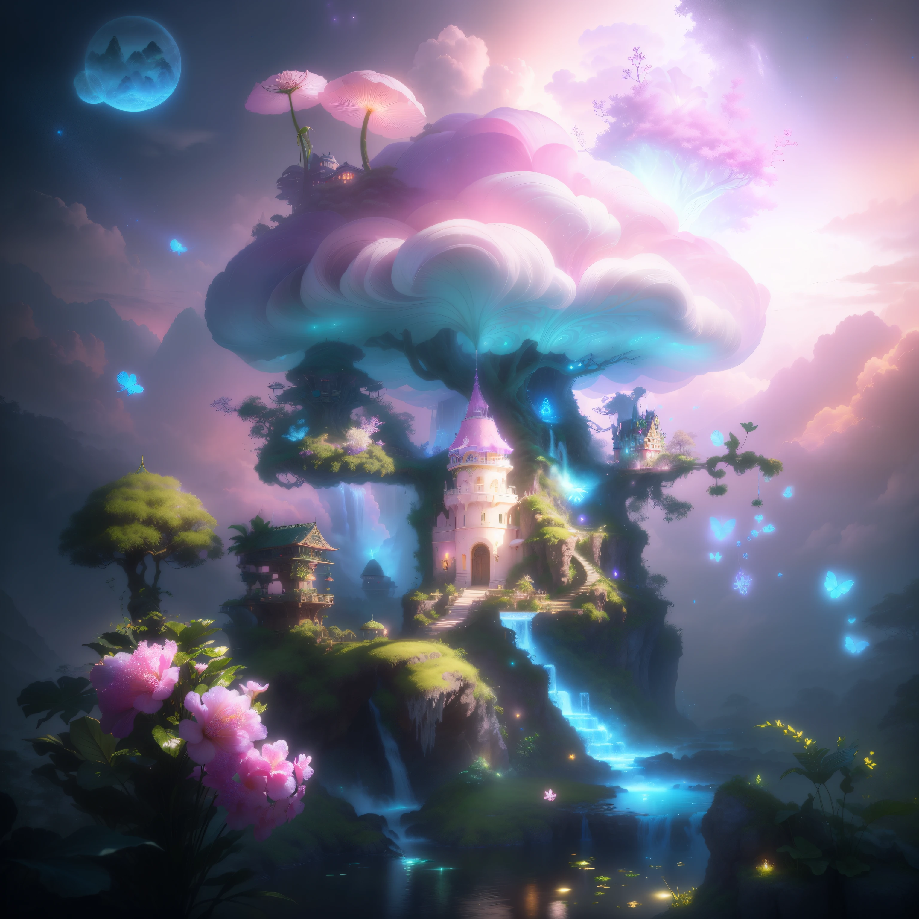 A beautiful picture depicting a tropical plant、There are waterfalls and trees,Enchanted castle, cotton candy cloud、small flower、grassy、Fundo verde claro、dream、Fairytale、A fairytale world of white smoke and wonderland,Light effect,Cottony pink clouds around plants,Mist and tulle floating around the plant, fantasy art style, detailed fantasy digital art, Magical realism style, Very detailed LED,Aesthetic decoration style,12K detail post-processing,art stations,rendering,Unreal Engine HD,Suspended islands,