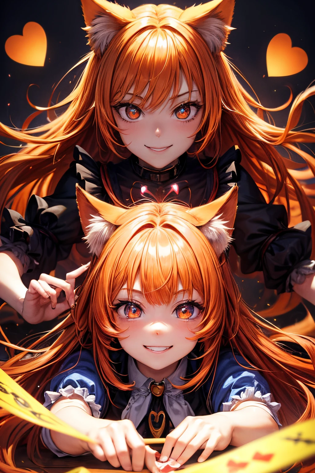 Top quality, high resolution, perfect human structure, background focus, front view, orange hair, glowing hair, cat ears, playing cards, Alice in Wonderland, heart shaped pupils, blunt bangs, wavy hair, shiny hair, evil smile, gradient eyes,