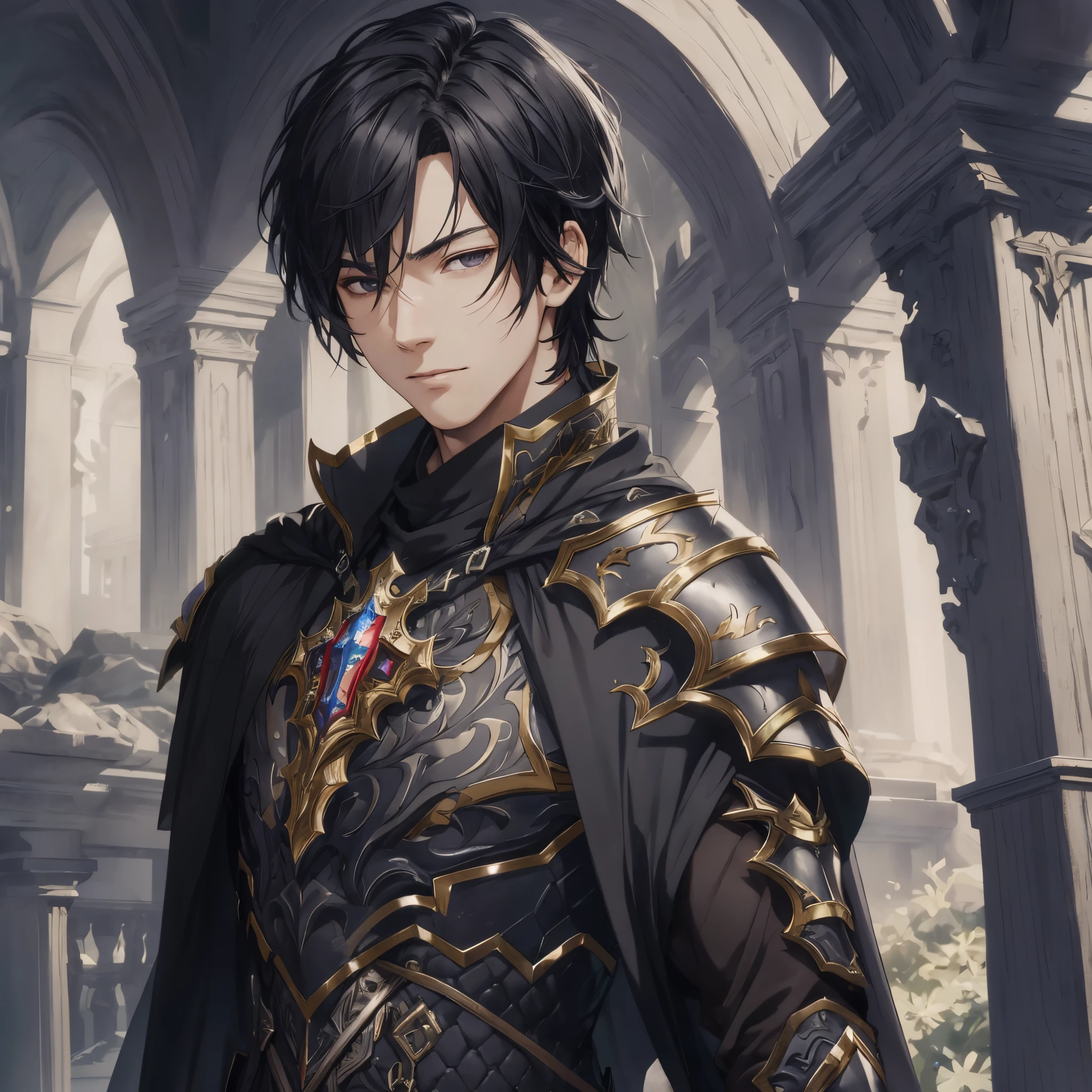 masterpiece, best quality, 1man, adult, male focus, solo, dark black hair, vibrant black eyes, looking at viewer, closed mouth, Fantasy aesthetics, Highly detailed, shadowverse style, armor, cape