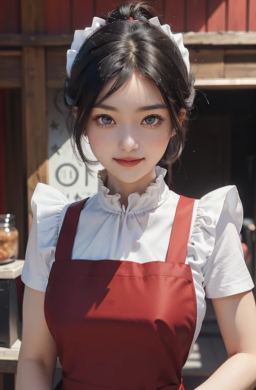 ((Best Quality, 8K, masutepiece)), ultra-detailliert, Sharp Focus, 1 cute girl, ((Red Polar Apron:1.4)), (Black hair, Upstyle:1.4), (Blouse:1.4), Highly detailed face and skin texture, ((Detailed eyes)), ((Beautiful eyes:1.4)), (Smile:1.15), (Closed mouth), cafes