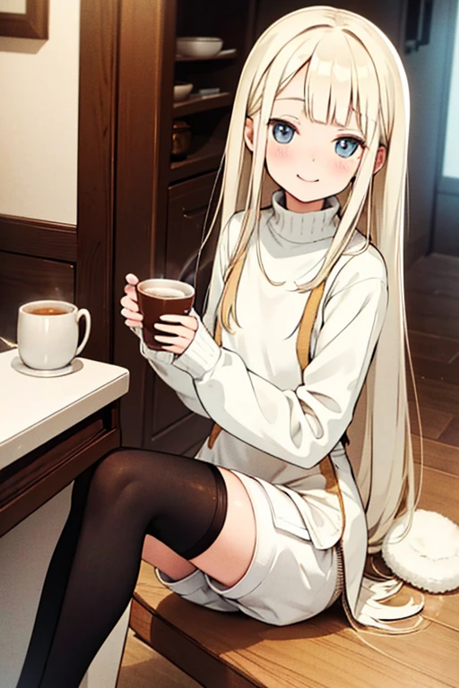 Slim and ite young woman with long yellow hair and light-colored eyes, wearing a white wool sweater, shorts with black stockings, and light-colored boots, sitting at the kitchen table, enjoying a cup of coffee with toast. Medium bust, captivating smile.