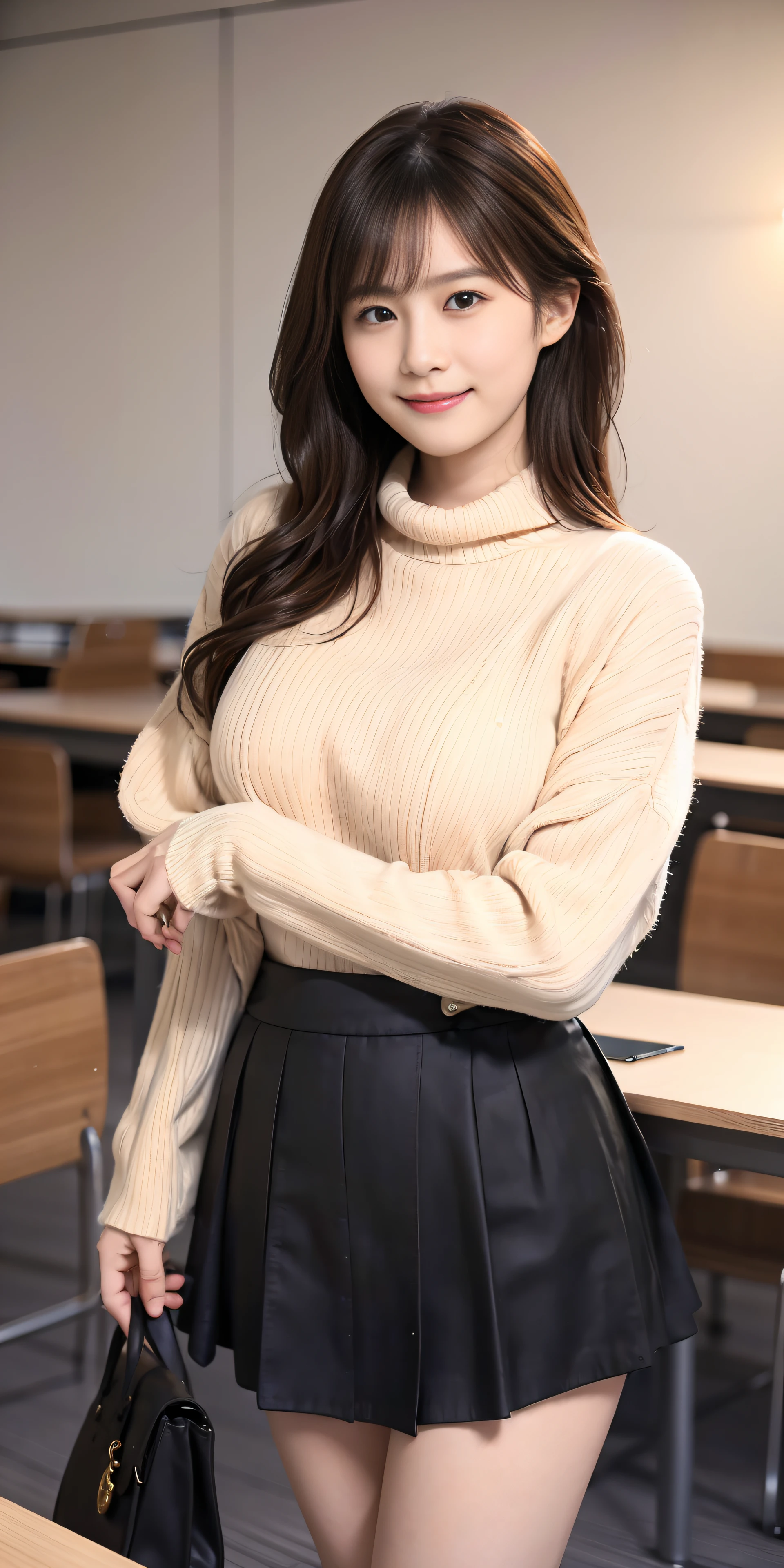 top-quality、Top image quality、masterpiece、governess、25 years old women, black wavy long hair、bangss、tight beige turtleneck sweater, Puffy nipple、black long flared skirt, jaket、Medium milk, cute smile face、Face of shame、Shake your head、high-heels、sexy pose、Big necklace、耳Nipple Ring、Inside the library、place both elbows on the table、look up at the other person