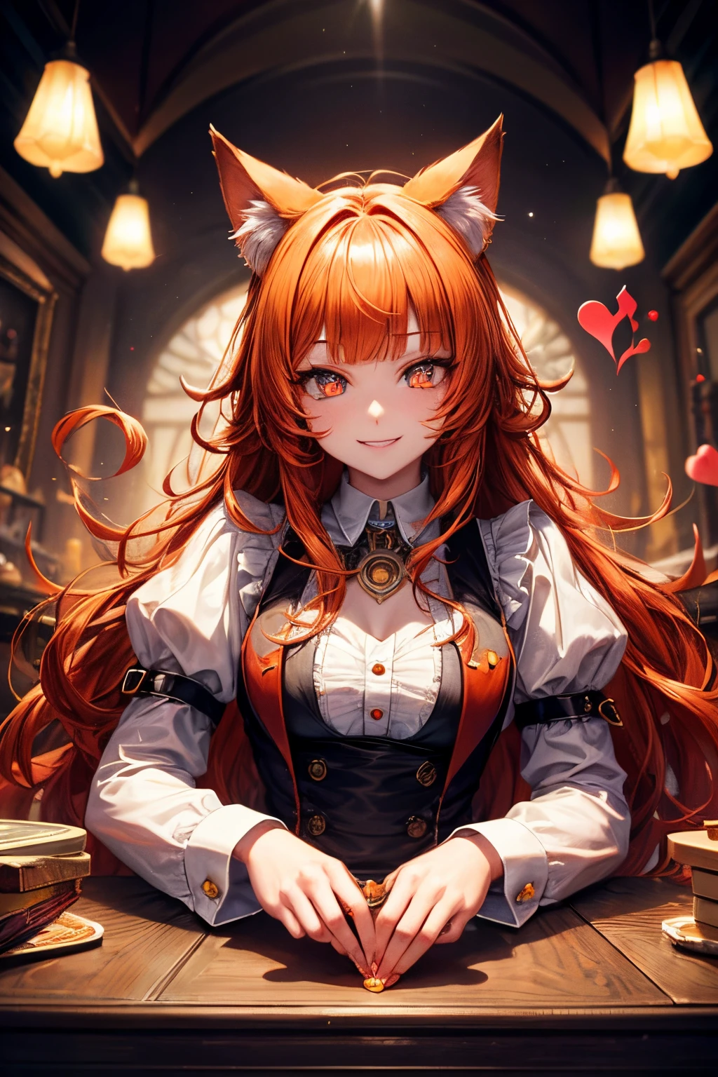 Top quality, high resolution, perfect human structure, background focus, front view, orange hair, glowing hair, cat ears, playing cards, Alice in Wonderland, heart shaped pupils, blunt bangs, wavy hair, shiny hair, evil smile, gradient eyes,