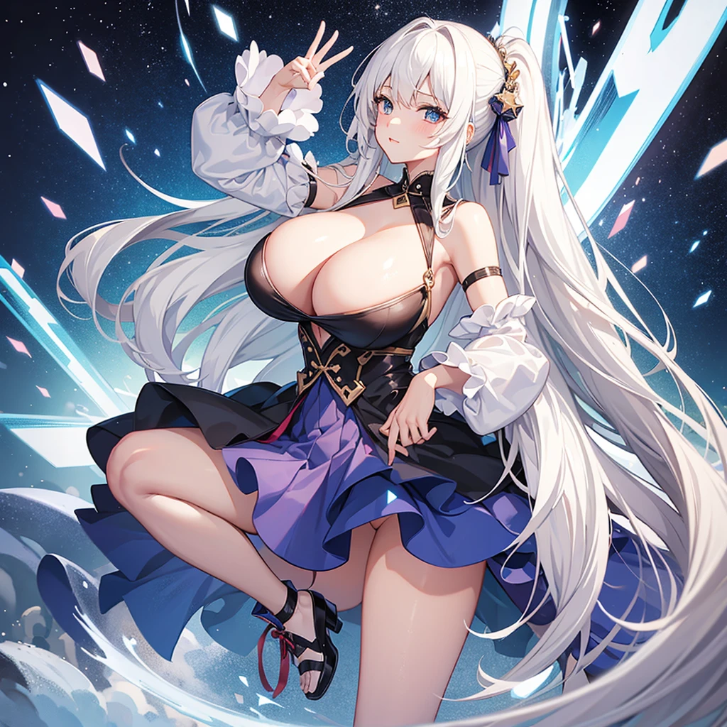 only one girl,Raised sexy,A giantess,Huge cleavage,Huge cleavage,Super huge,huge oppai,oppai,Large breasts,Trample small cities,long, hair straight,White hair,extra long leg,