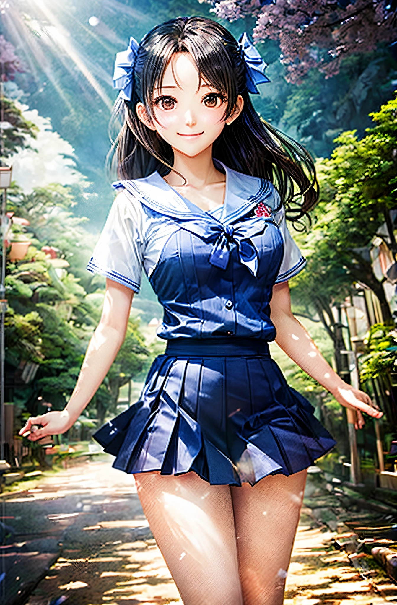 masutepiece、hiquality、offcial art、20yr old、Femera、Clean face、lightsmile、perfect beautiful body、Colossal tits、anatomical beauty、anatomically beautiful legs、Wear a uniform、Japan school uniform、a sailor suit、Please wear a blue pleated skirt、Cinematic lighting、The background is a rural school、perfect detail、elaborate production、(Fulll body Shot)