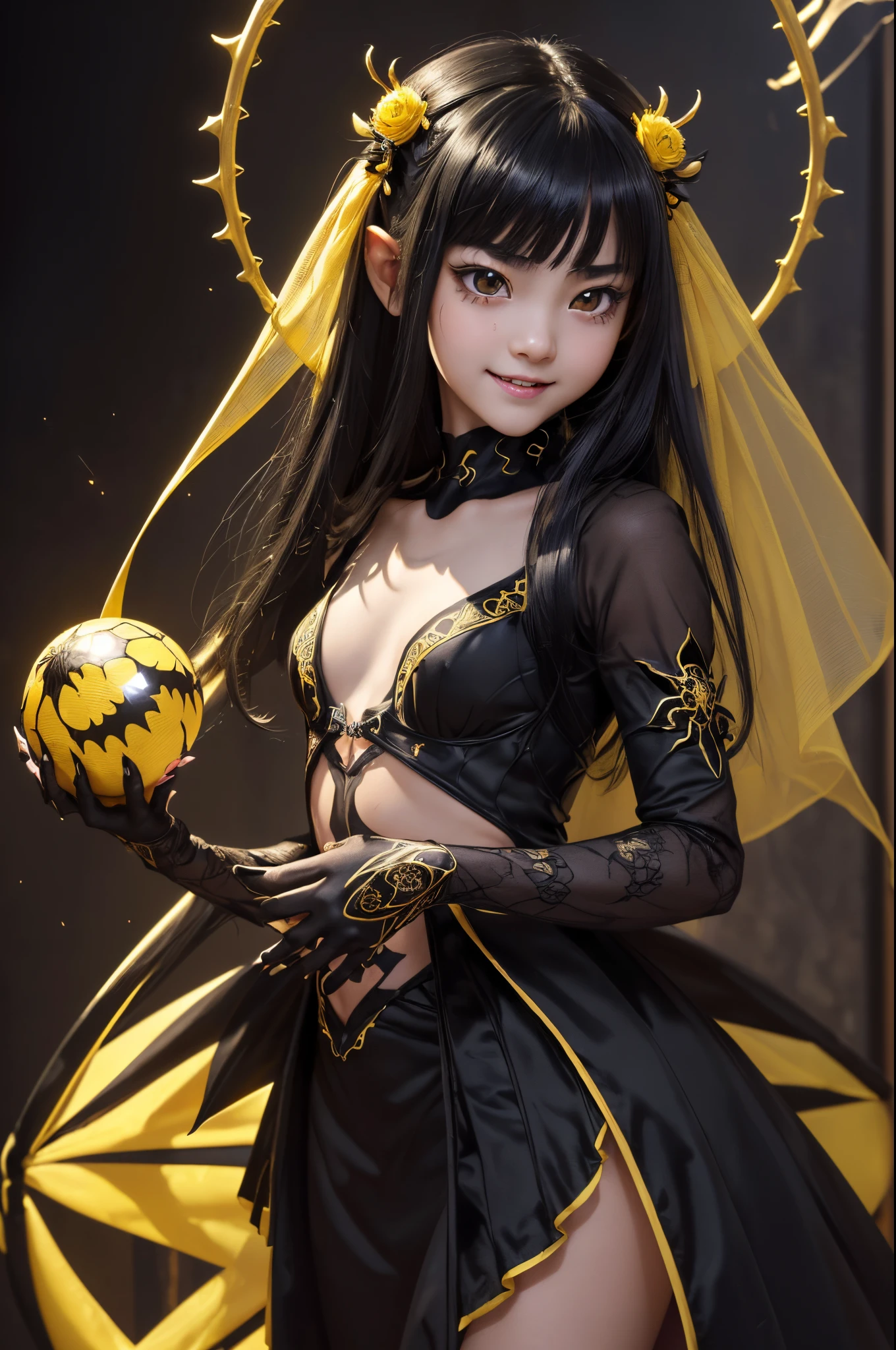 NSFW、blacklight、Real Art、A very delicate and beautiful spider girl、ultra-definition、1little girl、Black long、Personification of spiders、atrocious、Cute smile、(((The Monster、Maniacal))Glowing black eyes、planktonic、Detailed light、illstration、dynamic ungle、depth of fields、(((((teens girl))))、Bright black and yellow courtesan costume、long black and yellow hair、Show me your fangs、Beautiful fece、(super A high)resolution、Top image quality)、(8K、Raw photo、Top image quality、masterpiece)、technological sense、Top image quality、masterpiece、illstration、CG、A sense of unity、wall-paper、offcial art、astounding、finely detail、extremely delicate and beautiful、ighly detailed、ighly detailed、Sharp focus、Rich background、(Real people、Imagen)、((high-detailed skin))Cute smile,a closeup、Golden pupil,Big smile、tusk、Golden pupil、Black sclera、Anthropomorphic spider from another world、8K、tiny chest、sharply elongated claws,kawaii,black and yellow courtesan costume,Big white spider web in the background,warning color,Attractive body,small and slim girl's body,Look at viewers,black and yellow spider hairpin,Precise black and yellow hair ornament,A hyper-realistic,超A high resolution,