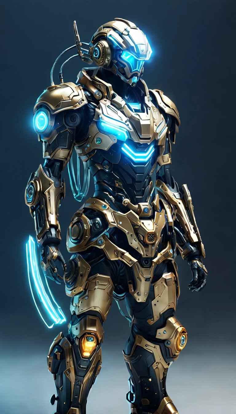 Game character design，3D character rendering，The subject：Future warrior costume design：Mechanical Warframe，Decorated with luminous lines and rivets，Weapon design with streamer effect or LED light embellishment：Laser cannon、Ion cannon or pulse cannon，The look features high-tech lines and decorative hair designs：Ambilight neon colors，Add some glowing elements，There may be futuristic headwear such as photoelectric glasses or head-mounted display emoticon designs：Add some glowing lines or LED light effects to the facial decoration，Design different facial expressions，Highlight the image and action design of future warriors：On the move、When releasing a skill or attacking，Add some special effects and animations，Highlight futuristic and combat-like special effects design：Add cool light effects、Electromagnetic wave effect or virtual interface，Enhance the visual impact of skin