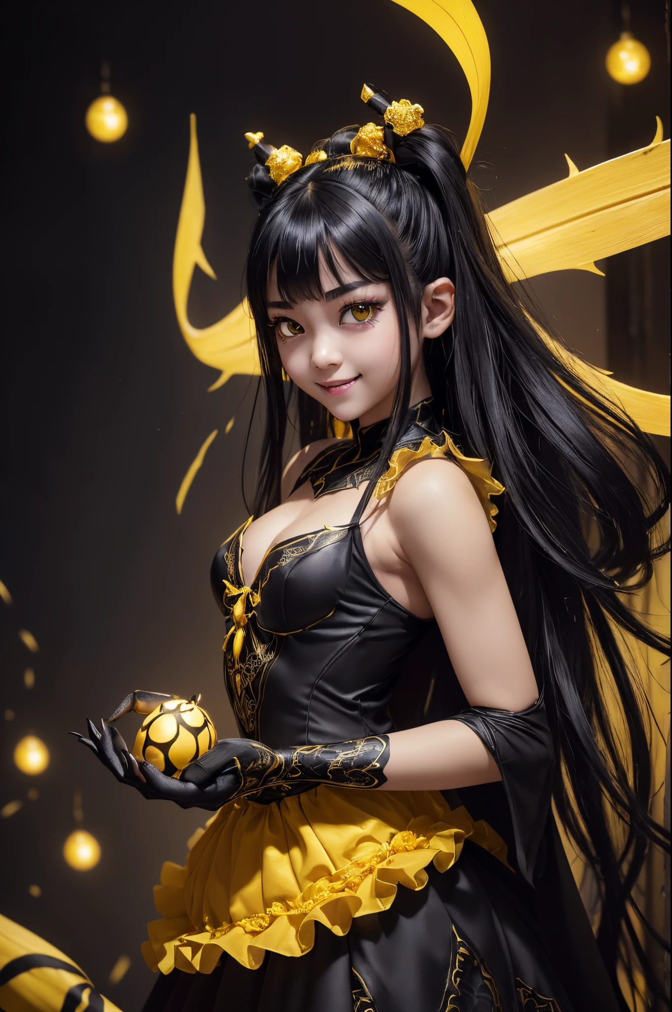 NSFW、blacklight、Real Art、A very delicate and beautiful spider girl、ultra-definition、1little girl、Black long、Personification of spiders、atrocious、Cute smile、(((The Monster、Maniacal))Glowing black eyes、planktonic、Detailed light、illstration、dynamic ungle、depth of fields、(((((s girl))))、Bright black and yellow courtesan costume、long black and yellow hair、Show me your fangs、Beautiful fece、(super A high)resolution、Top image quality)、(8K、Raw photo、Top image quality、masterpiece)、technological sense、Top image quality、masterpiece、illstration、CG、A sense of unity、wall-paper、offcial art、astounding、finely detail、extremely delicate and beautiful、ighly detailed、ighly detailed、Sharp focus、Rich background、(Real people、Imagen)、((high-detailed skin))Cute smile,a closeup、Golden pupil,Big smile、tusk、Golden pupil、Black sclera、Anthropomorphic spider from another world、8K、tiny chest、sharply elongated claws,kawaii,black and yellow courtesan costume,Big white spider web in the background,warning color,Attractive body,small and slim girl's body,Look at viewers,black and yellow spider hairpin,Precise black and yellow hair ornament,A hyper-realistic,超A high resolution,